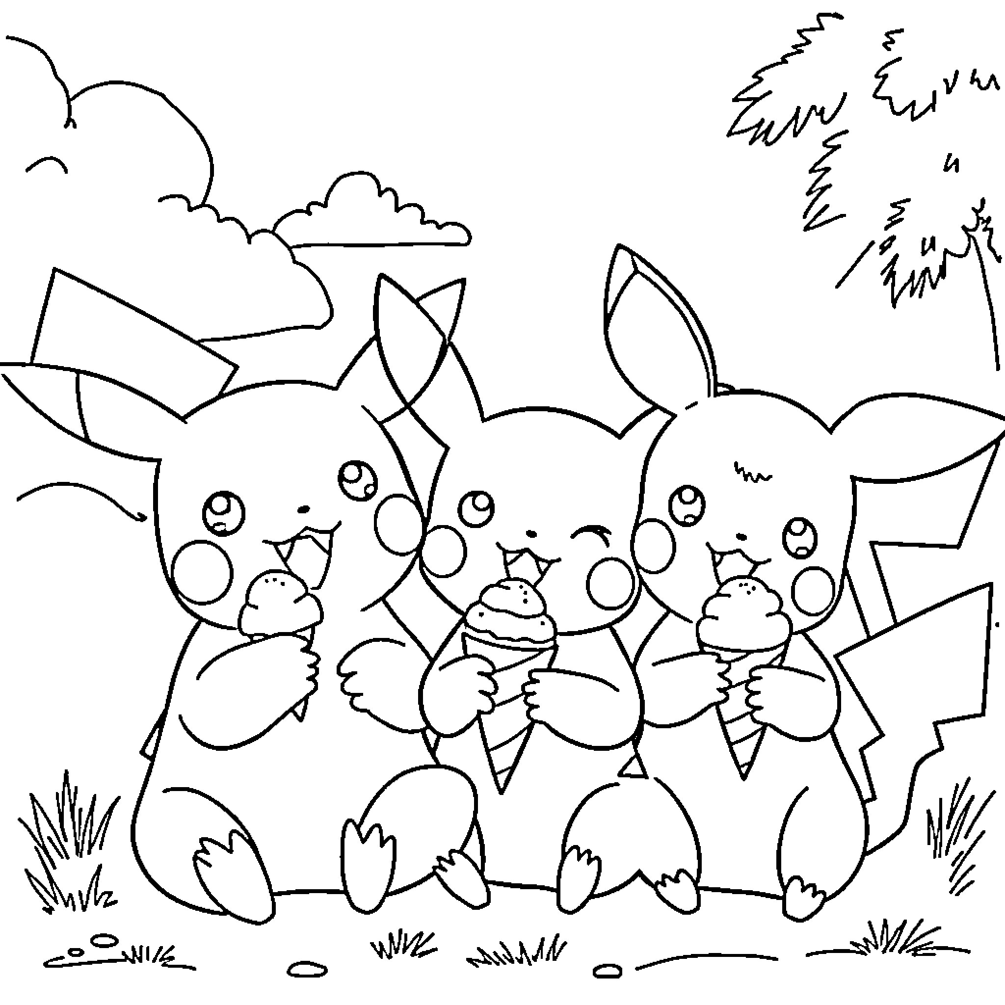 Pikachu and friends enjoying ice cream on a summer day Coloring Page (free black-and-white line drawing printable PDF for all, from beginners to advanced learners, including children, teens, adults, and seniors)