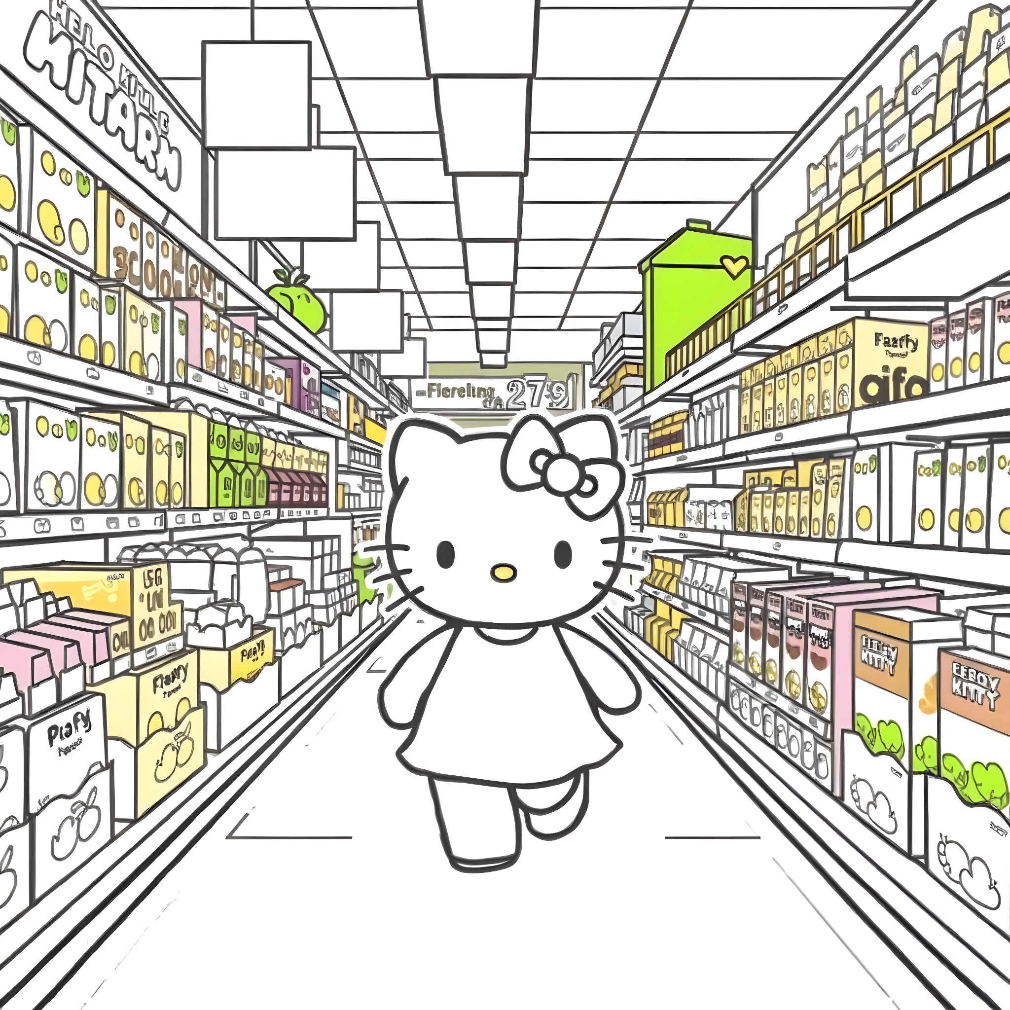 Hello Kitty exploring the grocery store Coloring Page (free black-and-white line drawing printable PDF for all, from beginners to advanced learners, including children, teens, adults, and seniors)