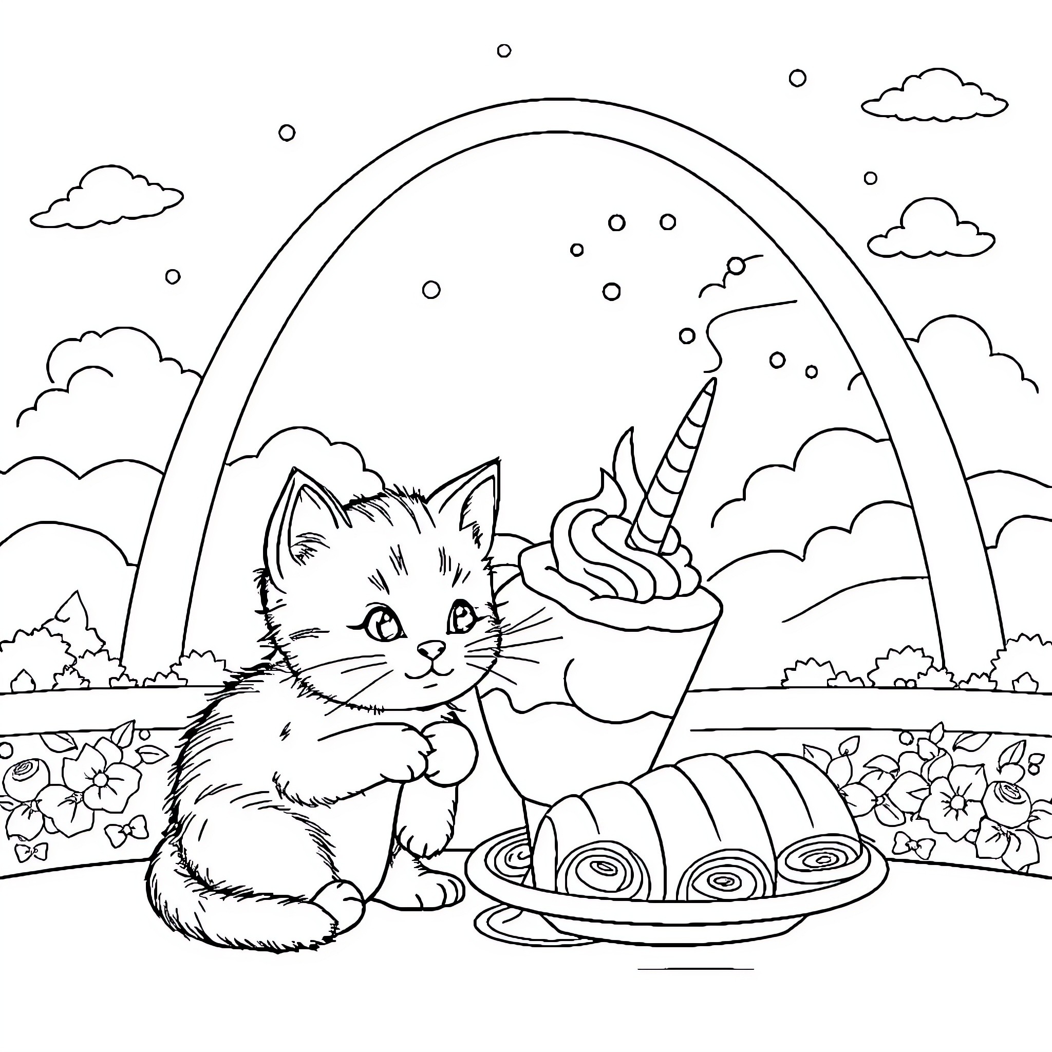 Ice Cream Kitty Enjoys Tasty Treats Coloring Page (free black-and-white line drawing printable PDF for all, from beginners to advanced learners, including children, teens, adults, and seniors)