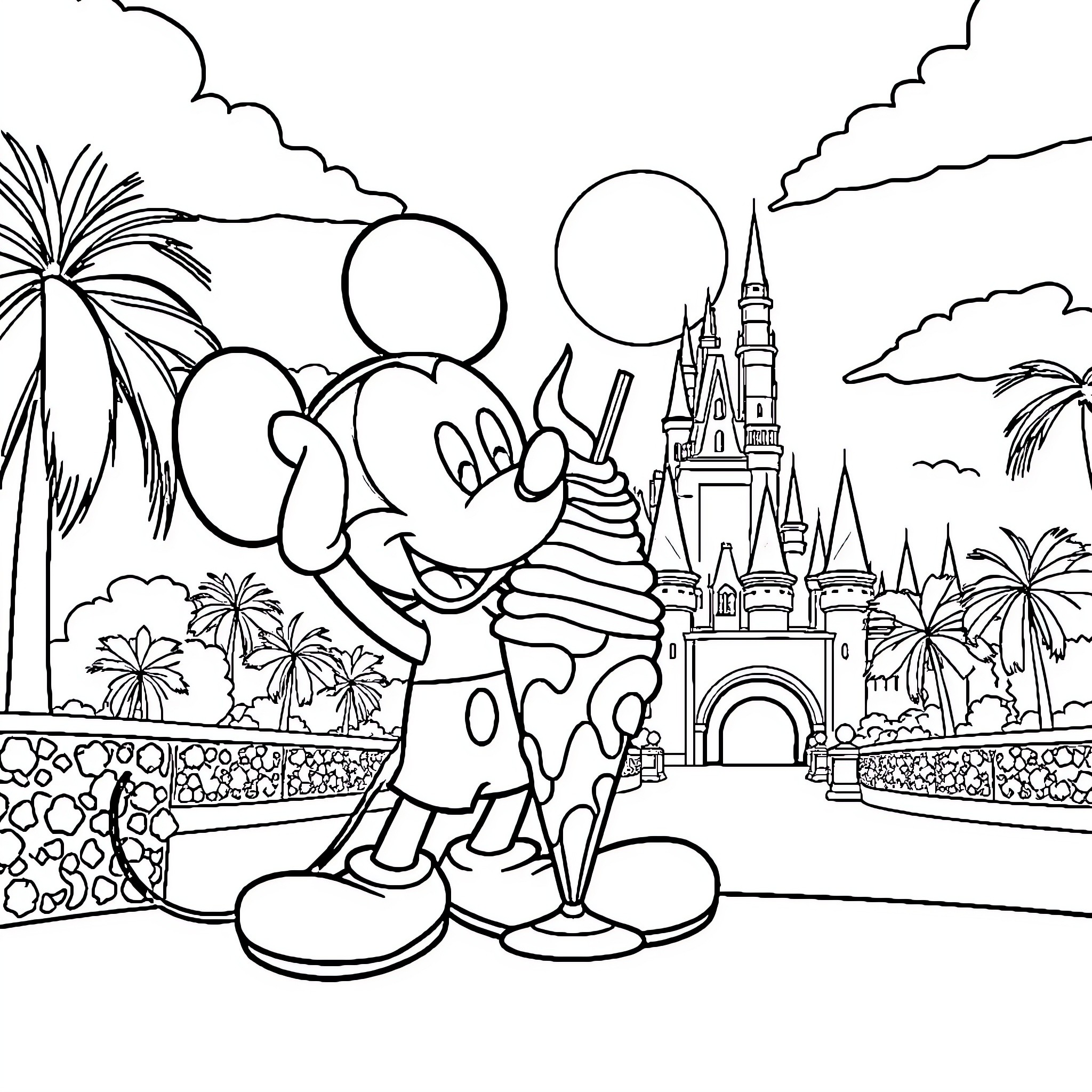 Mickey Mouse enjoying magical Disney castle scenery Coloring Page (free black-and-white line drawing printable PDF for all, from beginners to advanced learners, including children, teens, adults, and seniors)