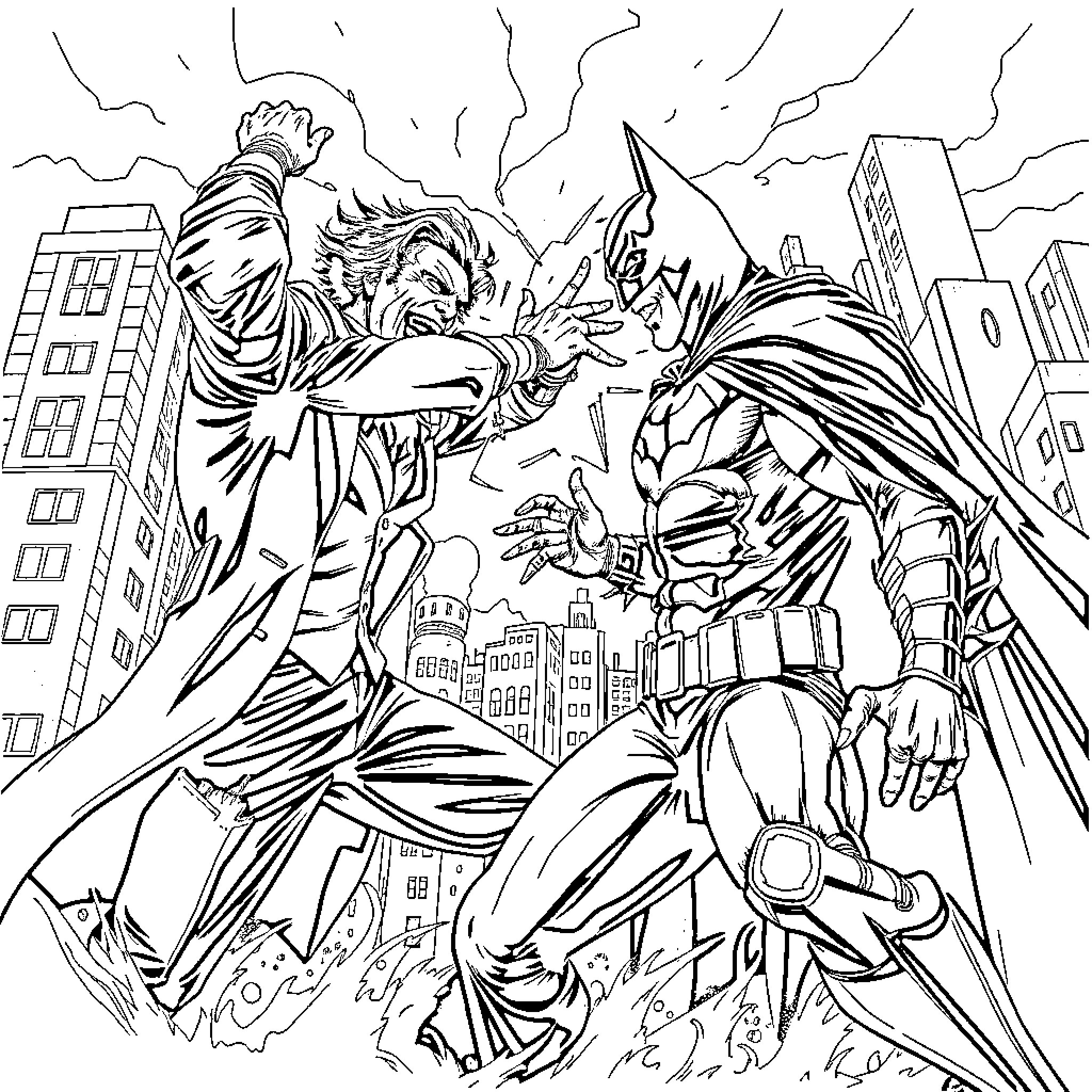 Joker and Batman in Intense Confrontation Coloring Page (free black-and-white line drawing printable PDF for all, from beginners to advanced learners, including children, teens, adults, and seniors)
