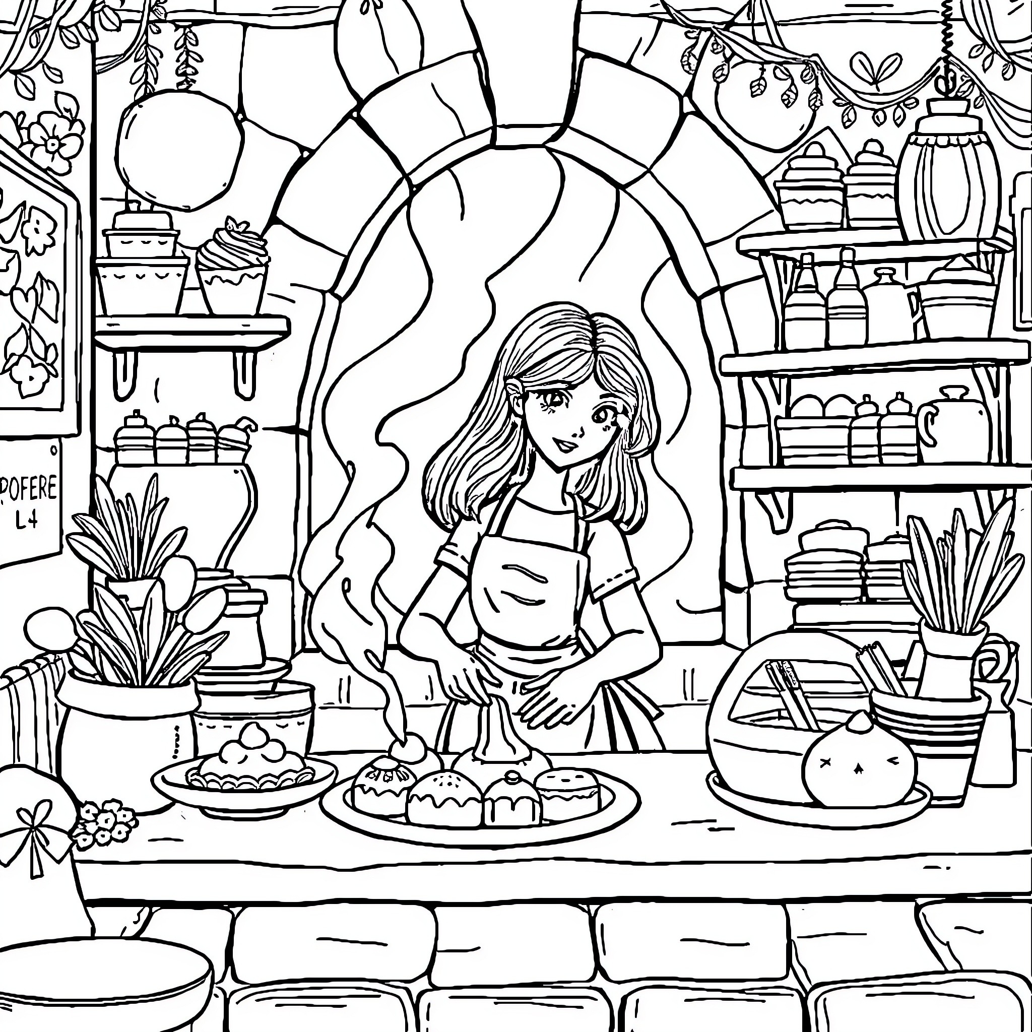 Muchacha enjoys baking in a cozy kitchen Coloring Page (free black-and-white line drawing printable PDF for all, from beginners to advanced learners, including children, teens, adults, and seniors)