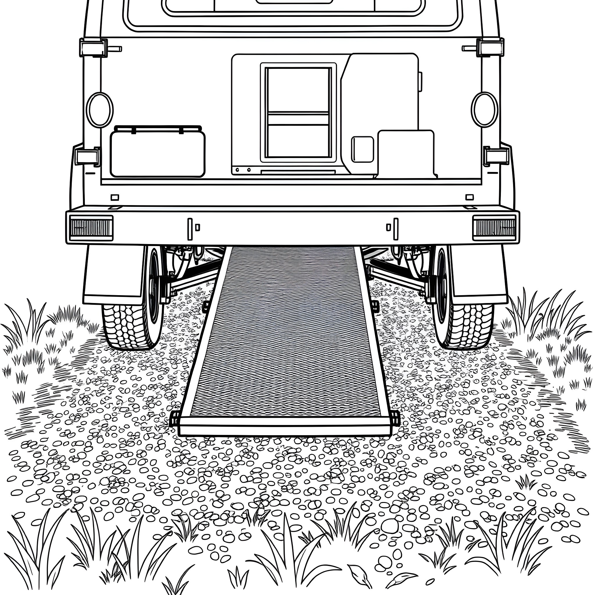 Car Trailer Transporting Outdoor Gear on a Grassy Path Coloring Page (free black-and-white line drawing printable PDF for all, from beginners to advanced learners, including children, teens, adults, and seniors)