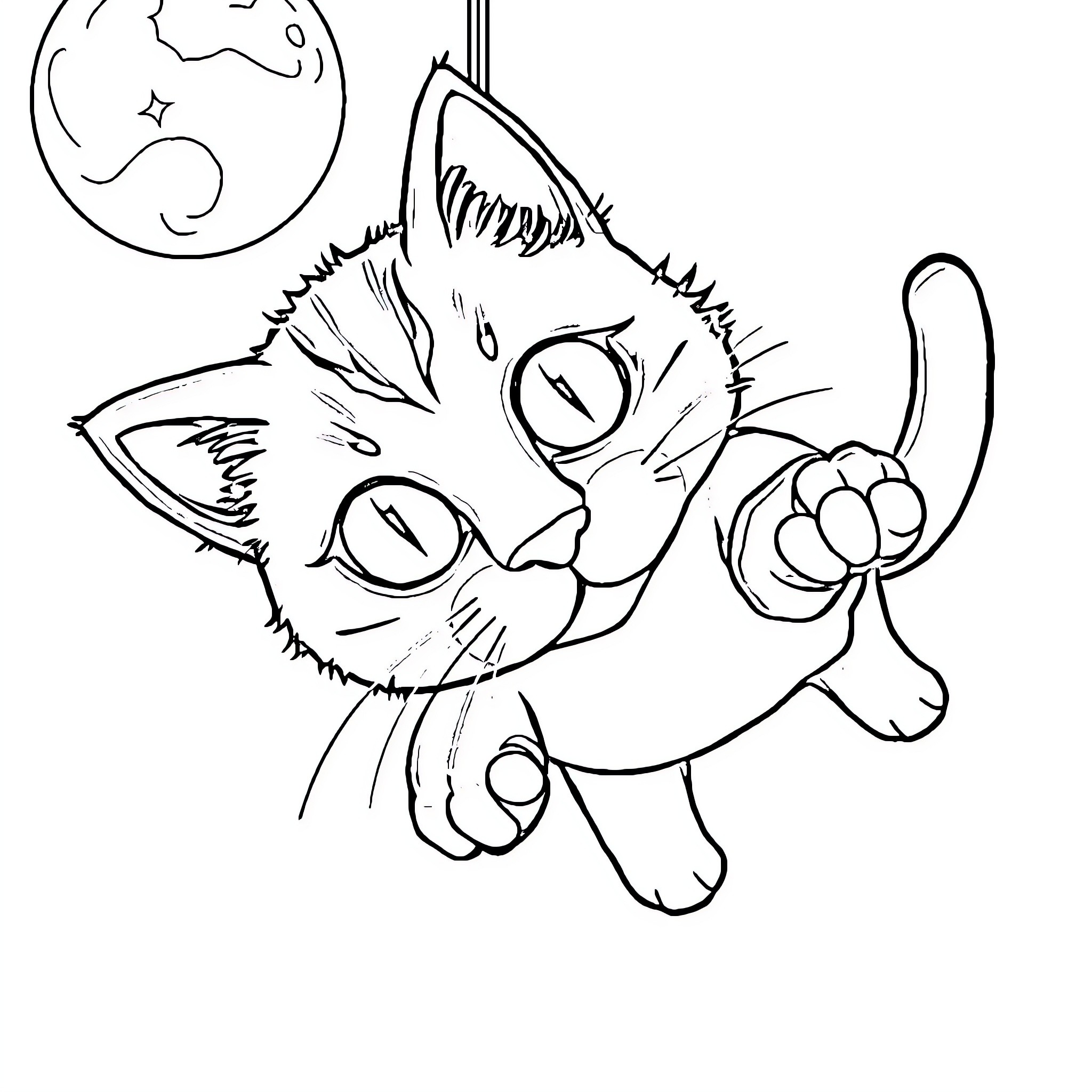 Cat playing with butterfly under the moon Coloring Page (free black-and-white line drawing printable PDF for all, from beginners to advanced learners, including children, teens, adults, and seniors)