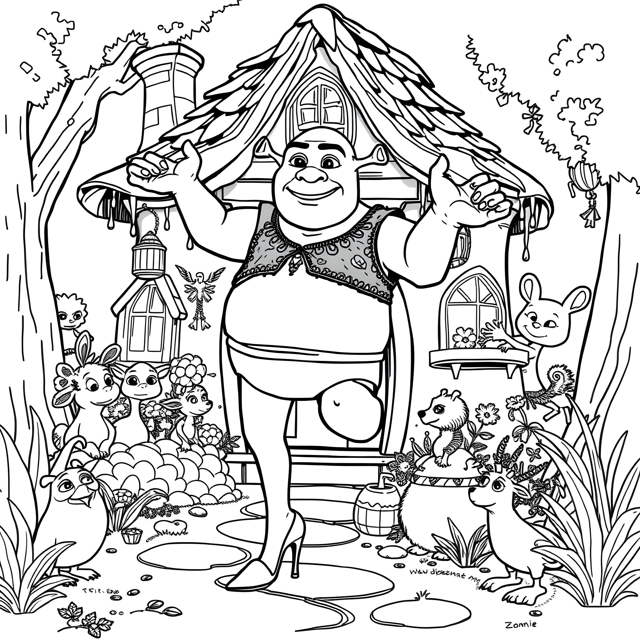 Shrek posing confidently in front of his cozy swamp home Coloring Page (free black-and-white line drawing printable PDF for all, from beginners to advanced learners, including children, teens, adults, and seniors)