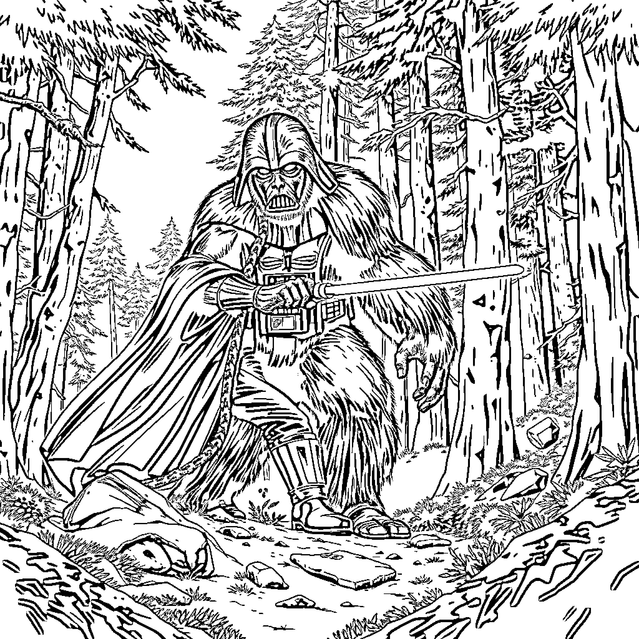 Darth Vader confronting adversaries in a forest setting Coloring Page (free black-and-white line drawing printable PDF for all, from beginners to advanced learners, including children, teens, adults, and seniors)