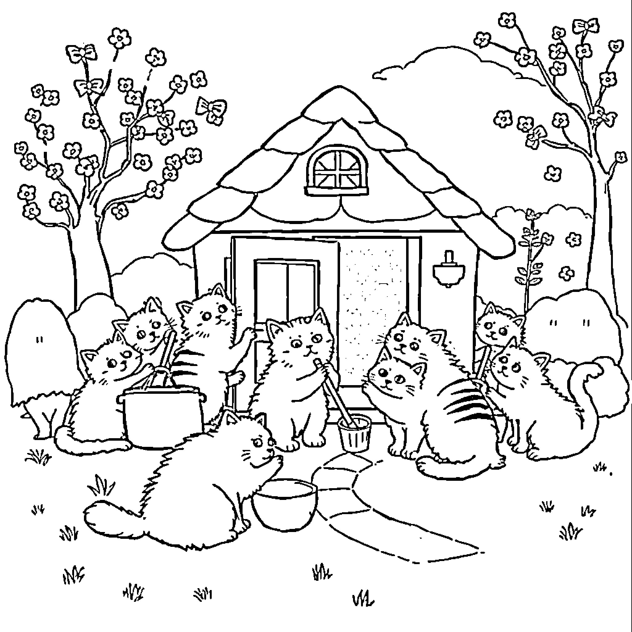 Cat Gathering at a Cozy Cottage Coloring Page (free black-and-white line drawing printable PDF for all, from beginners to advanced learners, including children, teens, adults, and seniors)