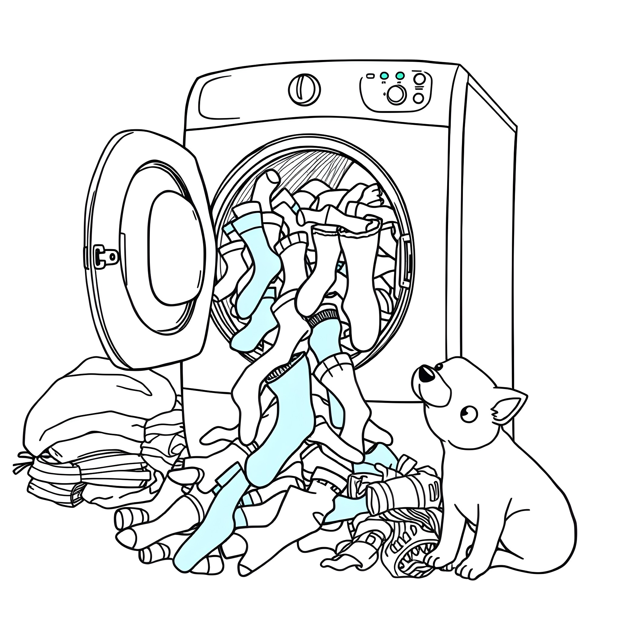 Dryer filled with messy clothes and a curious cat Coloring Page (free black-and-white line drawing printable PDF for all, from beginners to advanced learners, including children, teens, adults, and seniors)