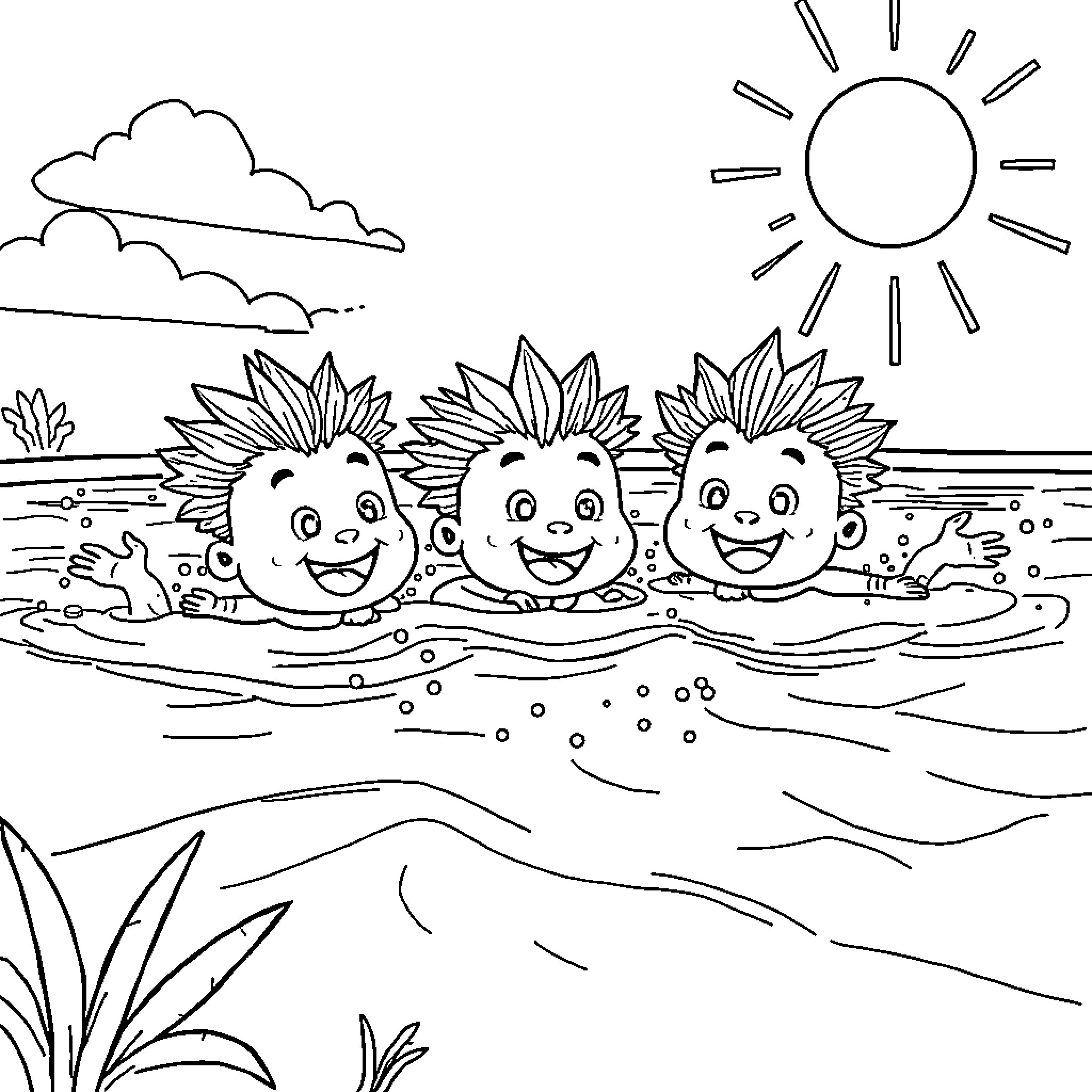 NAFO Fellas enjoying a sunny day by the water Coloring Page (free black-and-white line drawing printable PDF for all, from beginners to advanced learners, including children, teens, adults, and seniors)