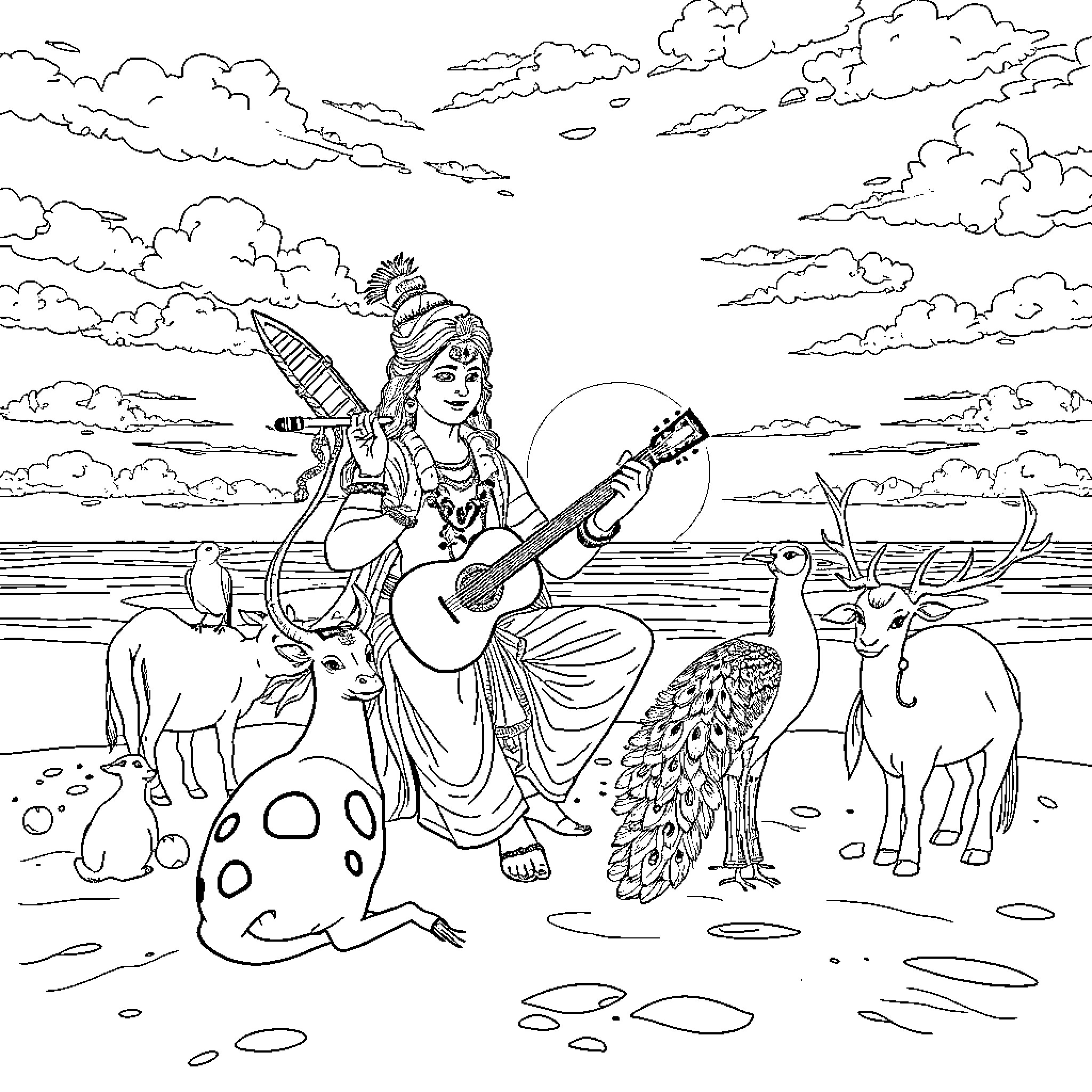 Krishna playing the flute amidst nature's splendor Coloring Page (free black-and-white line drawing printable PDF for all, from beginners to advanced learners, including children, teens, adults, and seniors)