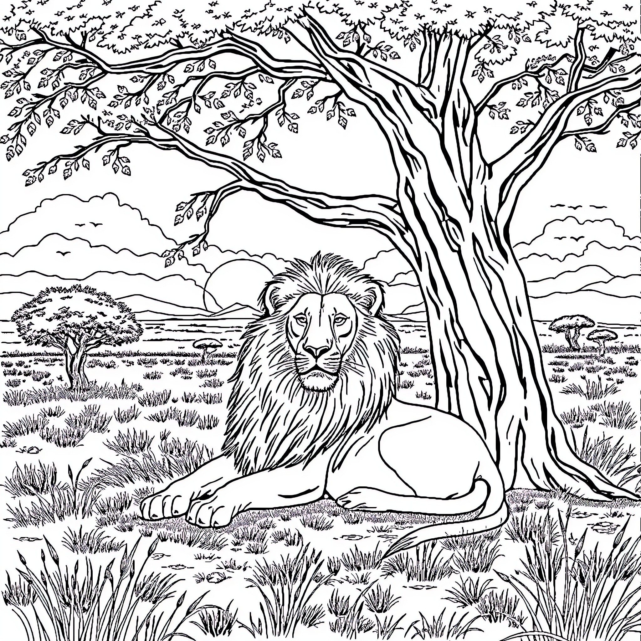 Lion resting peacefully in the African wilderness Coloring Page (free black-and-white line drawing printable PDF for all, from beginners to advanced learners, including children, teens, adults, and seniors)