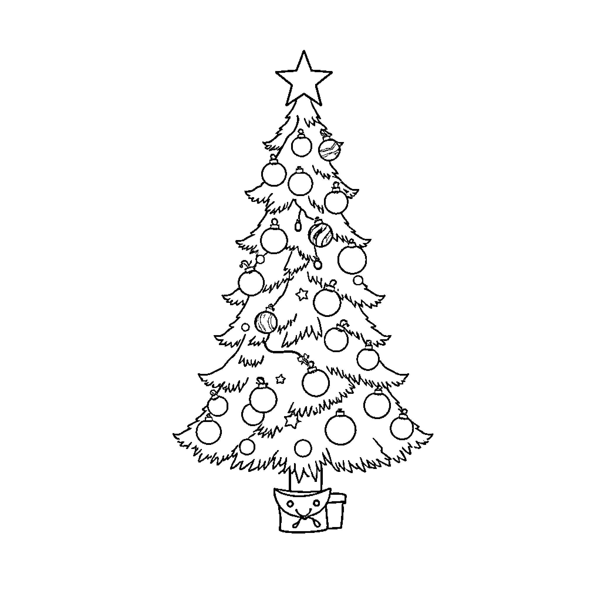 Christmas Tree with Ornaments and Presents Coloring Page (free black-and-white line drawing printable PDF for all, from beginners to advanced learners, including children, teens, adults, and seniors)