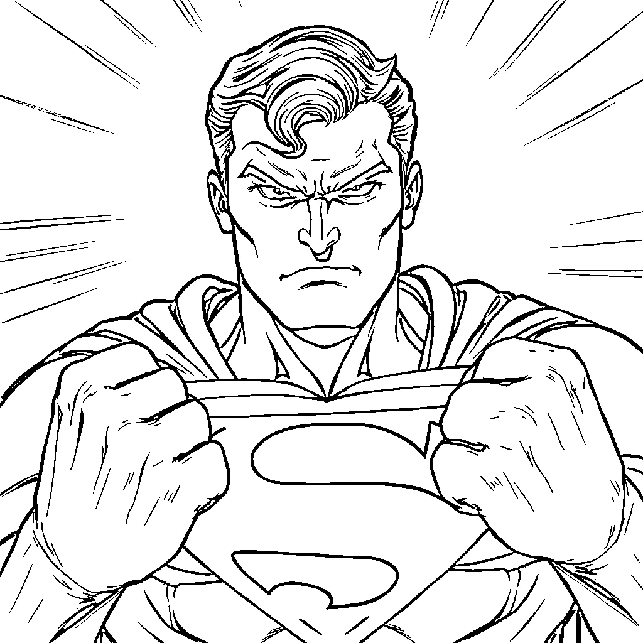 Superman displaying powerful determination Coloring Page (free black-and-white line drawing printable PDF for all, from beginners to advanced learners, including children, teens, adults, and seniors)