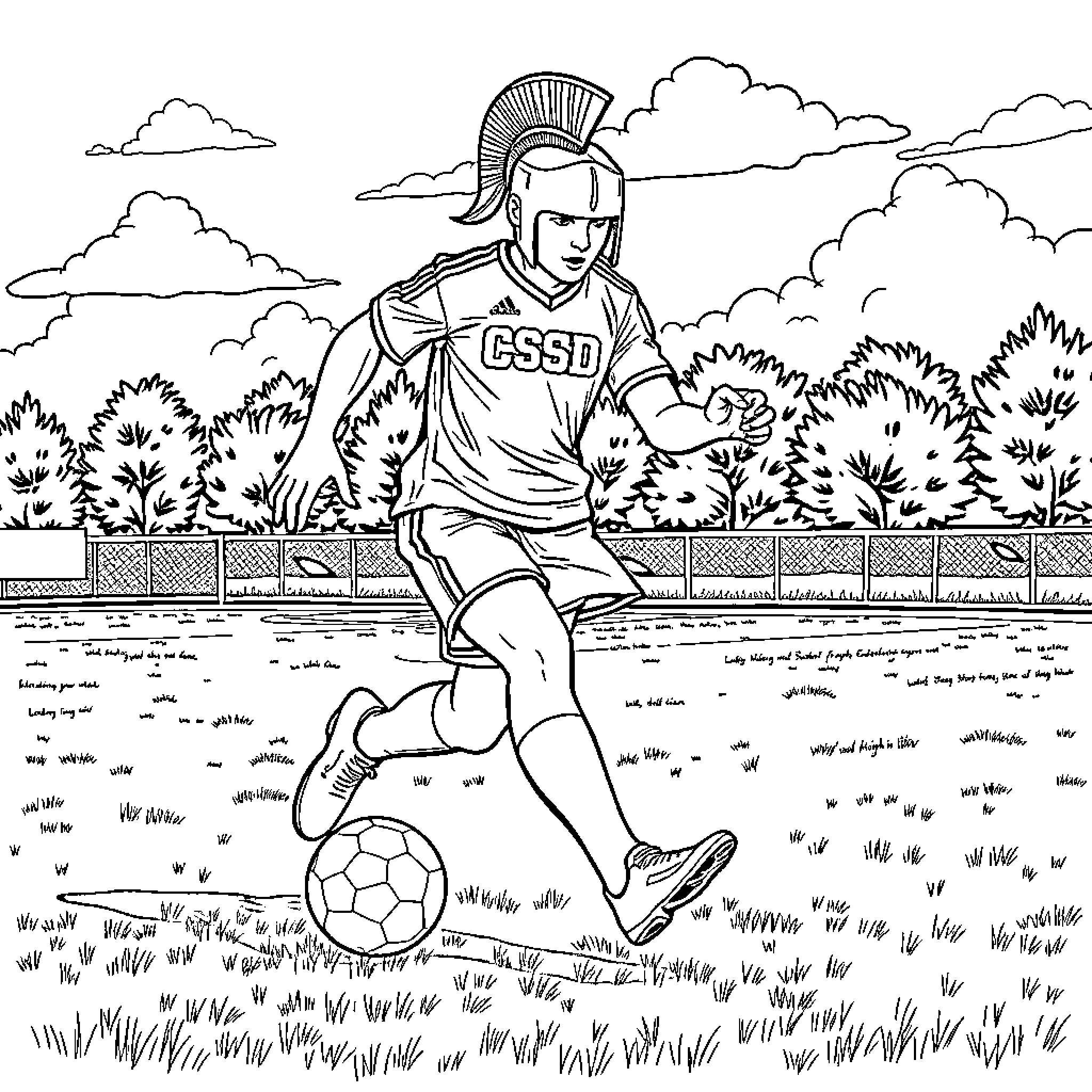 Spartan athlete playing soccer in nature Coloring Page (free black-and-white line drawing printable PDF for all, from beginners to advanced learners, including children, teens, adults, and seniors)