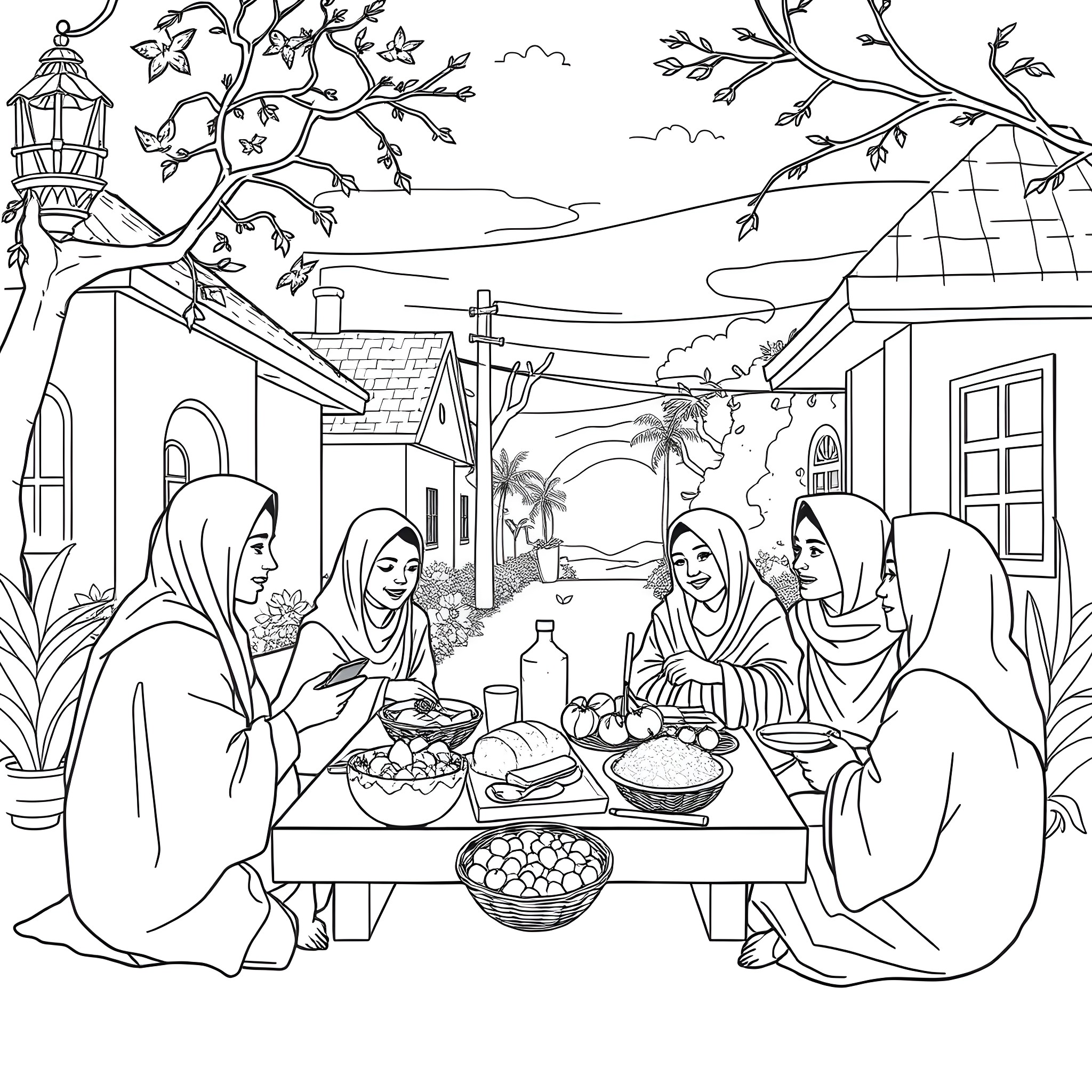 Tung Tung Gathering of Friends in the Village Coloring Page (free black-and-white line drawing printable PDF for all, from beginners to advanced learners, including children, teens, adults, and seniors)