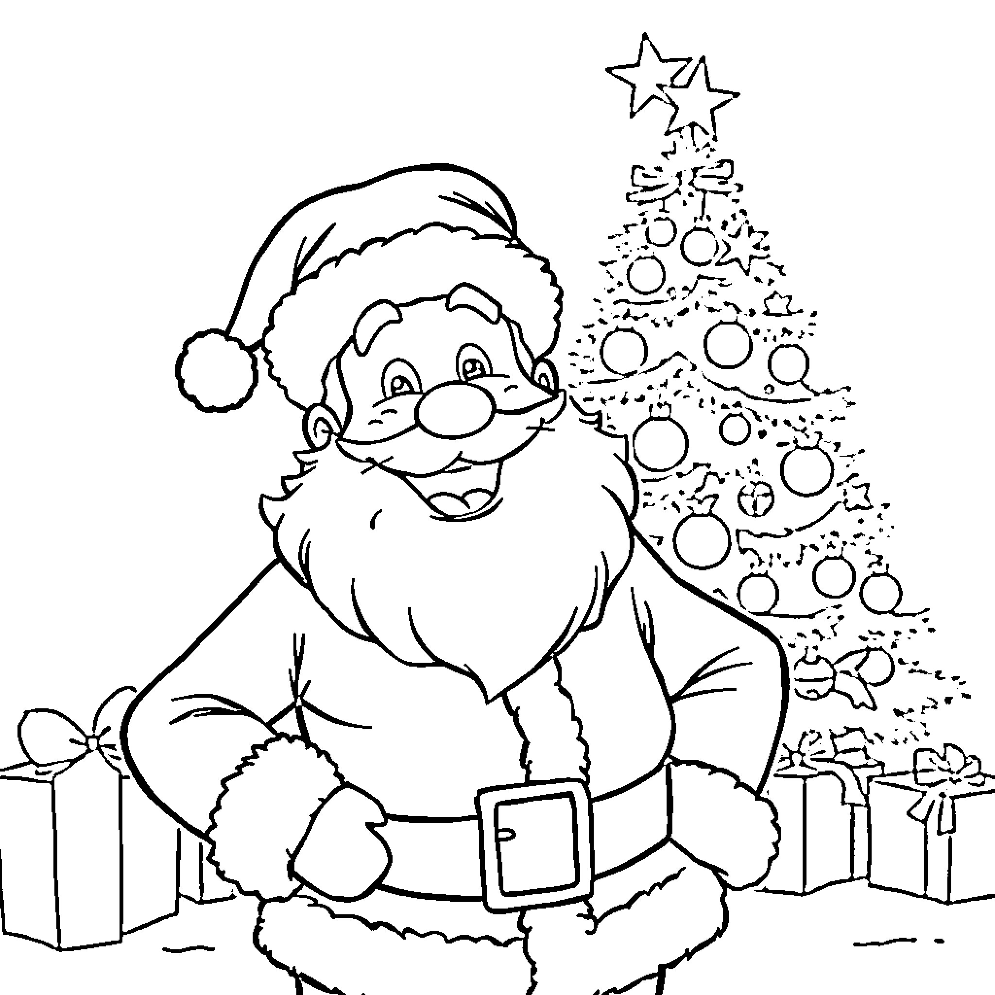 Rodwave's jolly Christmas celebration with Santa and gifts Coloring Page (free black-and-white line drawing printable PDF for all, from beginners to advanced learners, including children, teens, adults, and seniors)