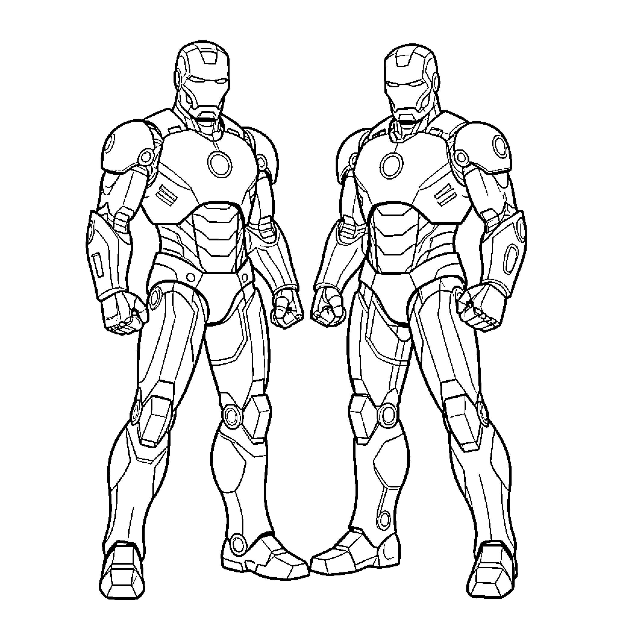 Ironman standing in powerful armored suits Coloring Page (free black-and-white line drawing printable PDF for all, from beginners to advanced learners, including children, teens, adults, and seniors)