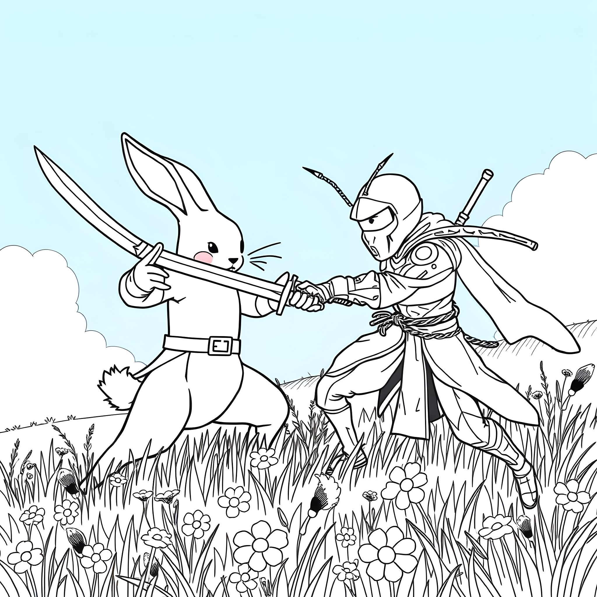 Rabbit warrior battles armored knight in grassy field Coloring Page (free black-and-white line drawing printable PDF for all, from beginners to advanced learners, including children, teens, adults, and seniors)
