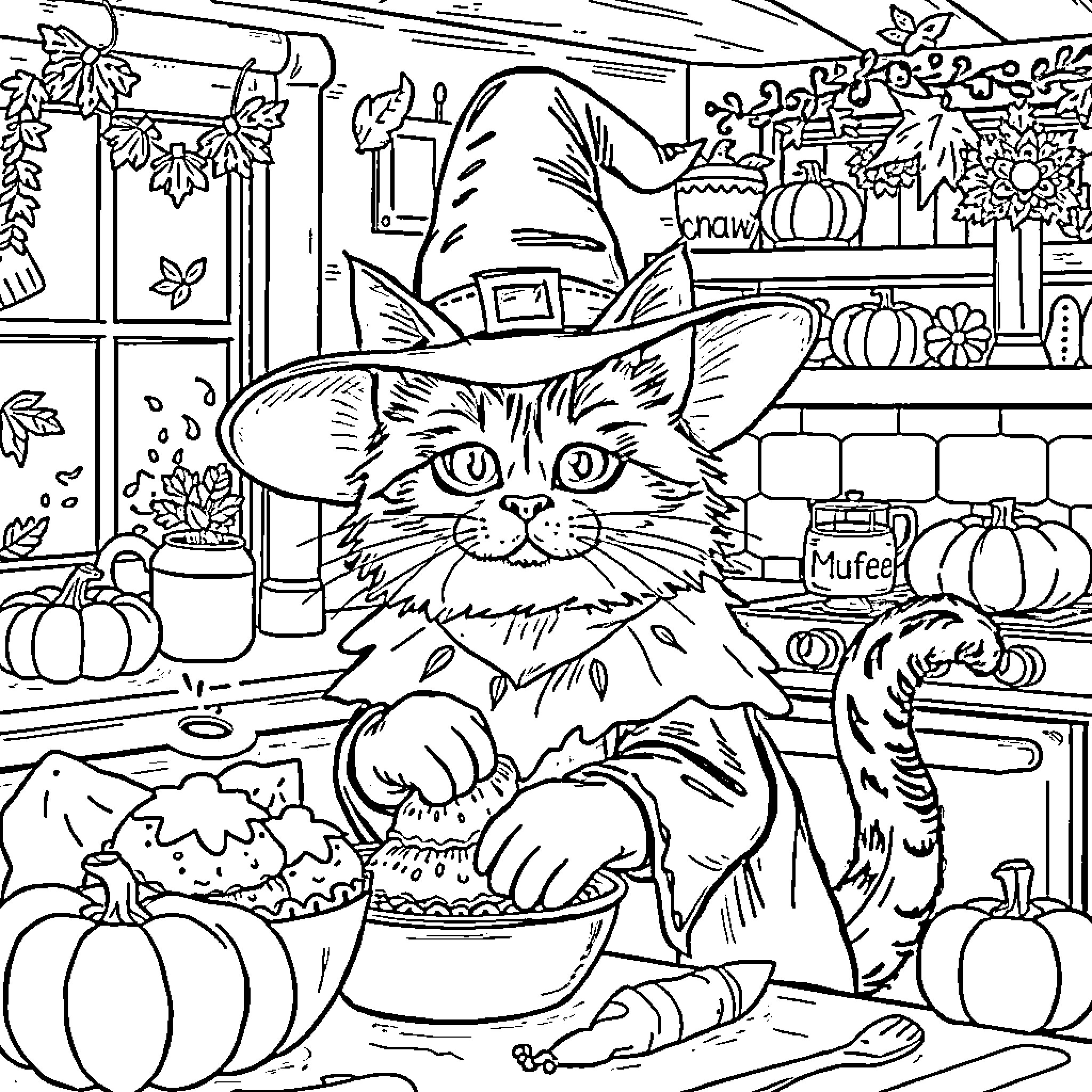 Cat in Witchy Costume Exploring Cozy Autumn Scene Coloring Page (free black-and-white line drawing printable PDF for all, from beginners to advanced learners, including children, teens, adults, and seniors)