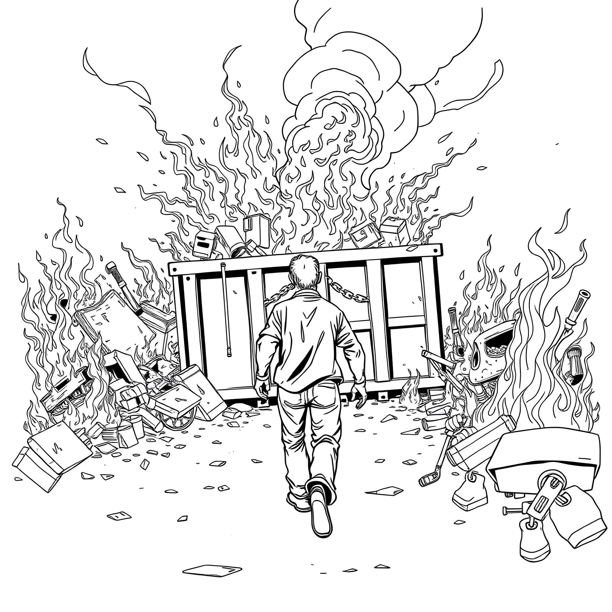 Man faces destruction and chaos in the aftermath Coloring Page (free black-and-white line drawing printable PDF for all, from beginners to advanced learners, including children, teens, adults, and seniors)