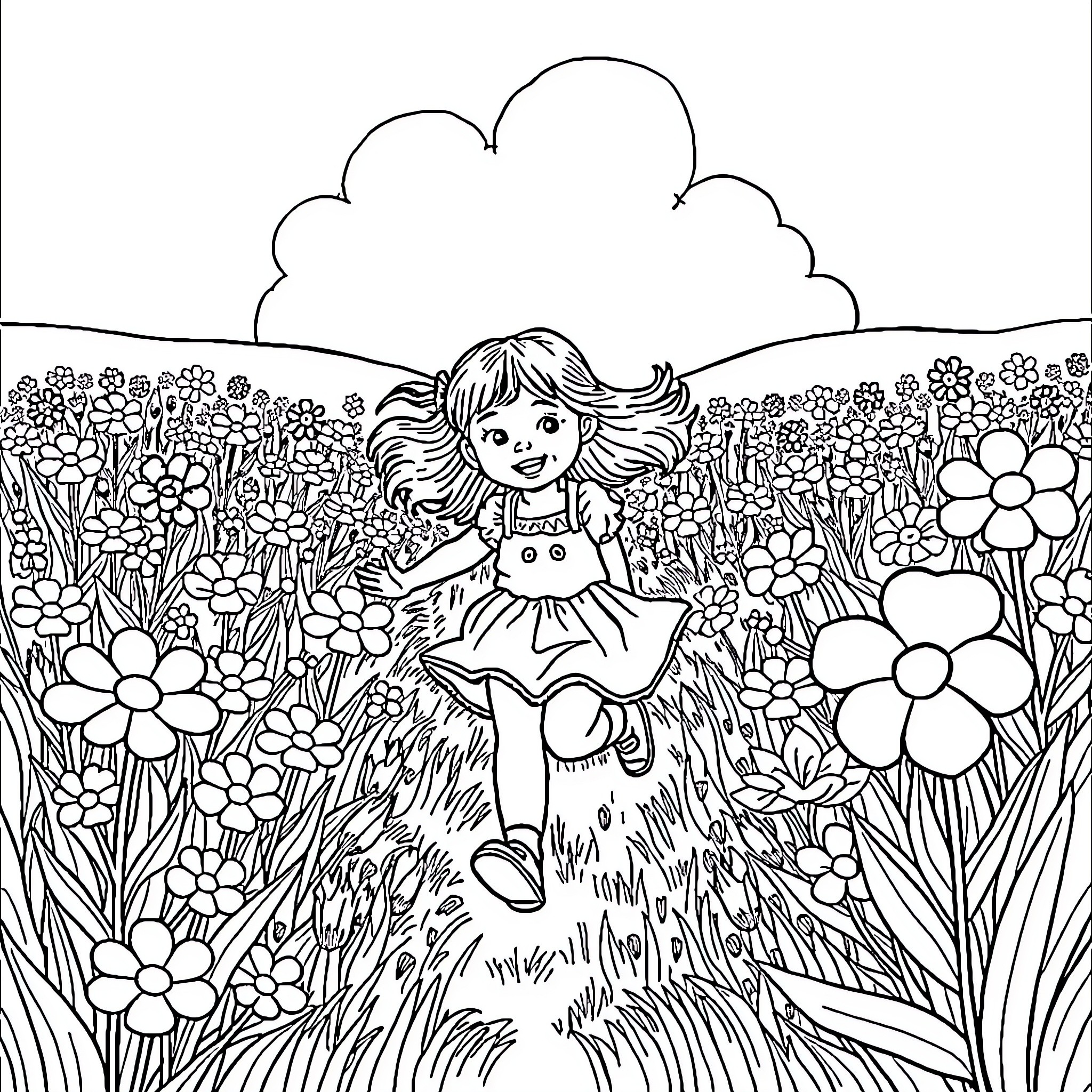 Girl in Flower Garden Coloring Page (free black-and-white line drawing printable PDF for all, from beginners to advanced learners, including children, teens, adults, and seniors)