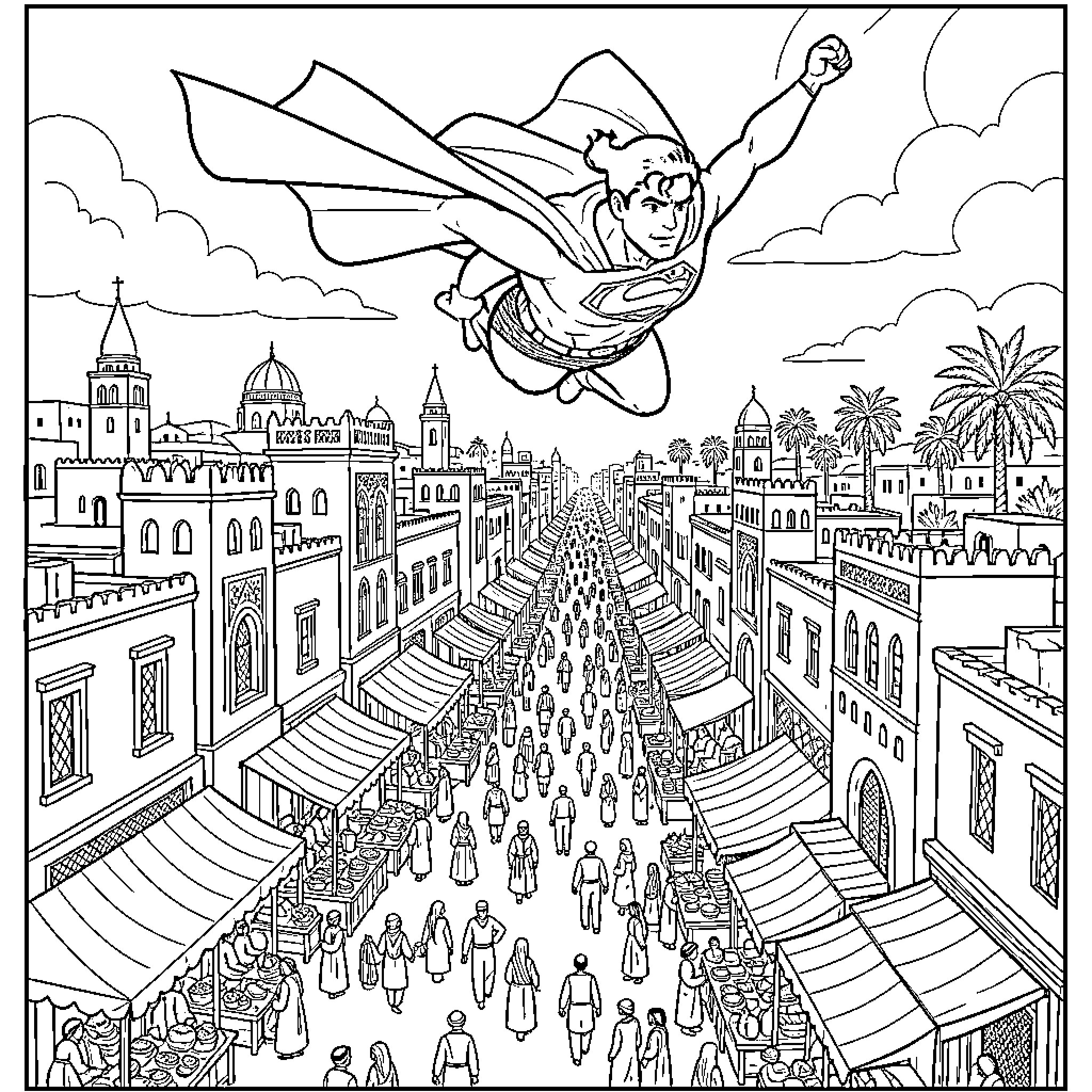 Superman flying heroically over a crowded marketplace Coloring Page (free black-and-white line drawing printable PDF for all, from beginners to advanced learners, including children, teens, adults, and seniors)