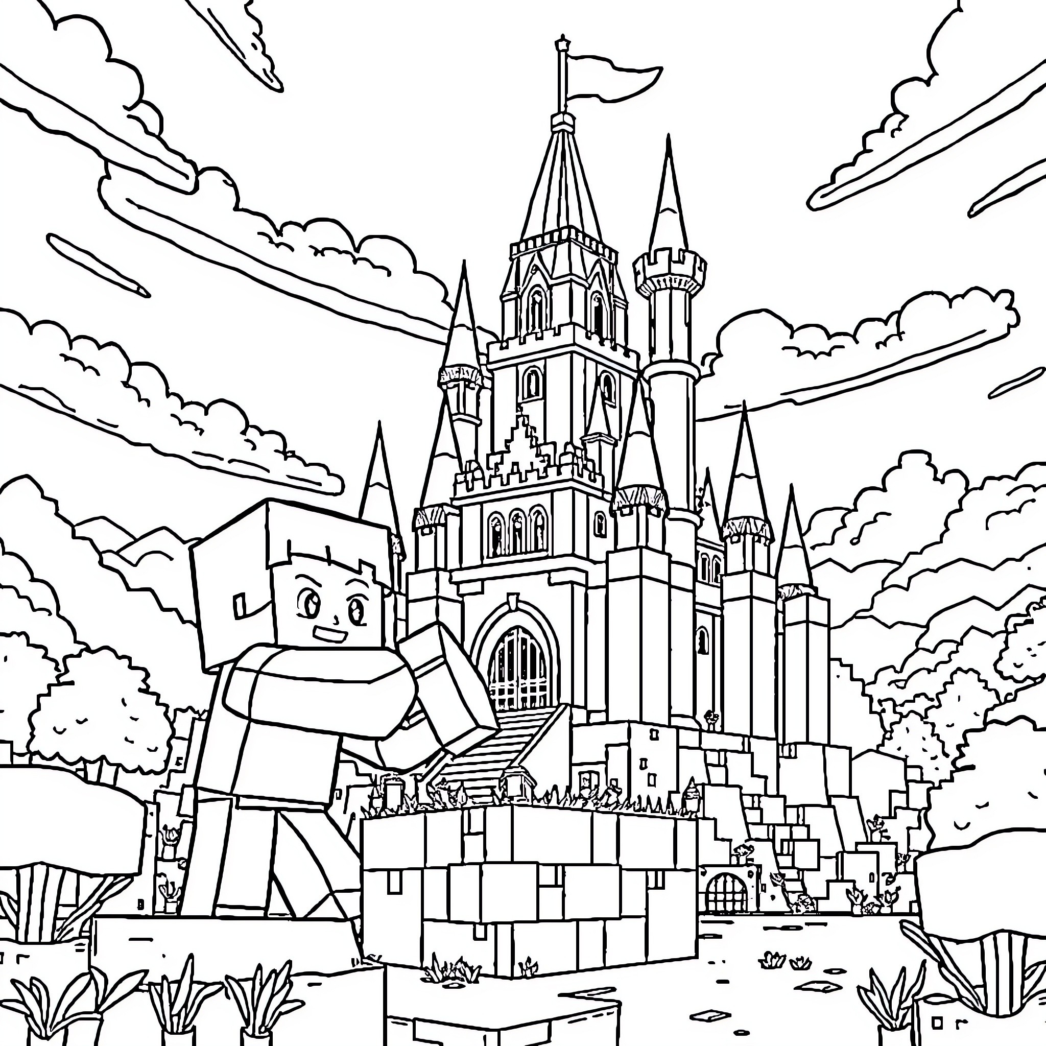 Minecraft character exploring a fantastical castle landscape Coloring Page (free black-and-white line drawing printable PDF for all, from beginners to advanced learners, including children, teens, adults, and seniors)