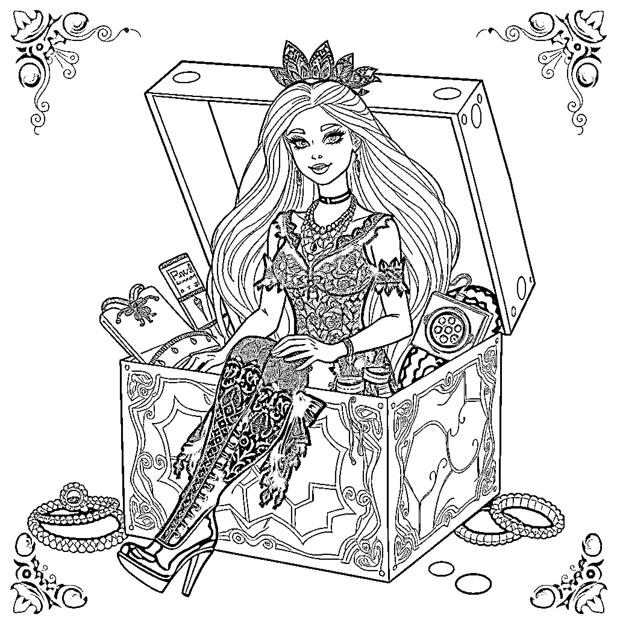 Barbie exploring an ornate jewelry box Coloring Page (free black-and-white line drawing printable PDF for all, from beginners to advanced learners, including children, teens, adults, and seniors)