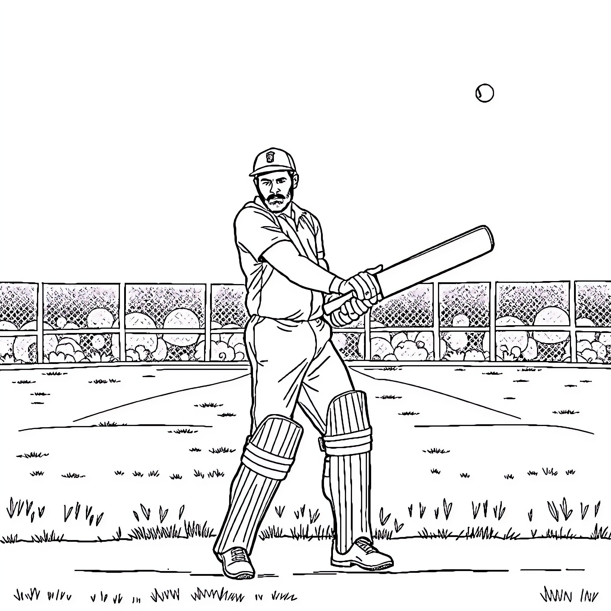 Stringer Bell batting at the cricket pitch Coloring Page (free black-and-white line drawing printable PDF for all, from beginners to advanced learners, including children, teens, adults, and seniors)