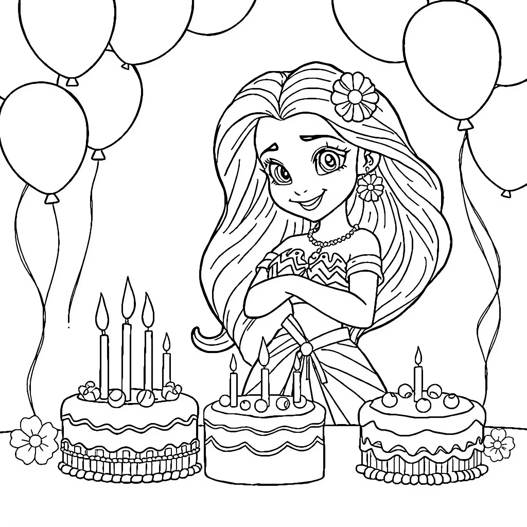 Vaiana celebrating her birthday with cakes and balloons Coloring Page (free black-and-white line drawing printable PDF for all, from beginners to advanced learners, including children, teens, adults, and seniors)
