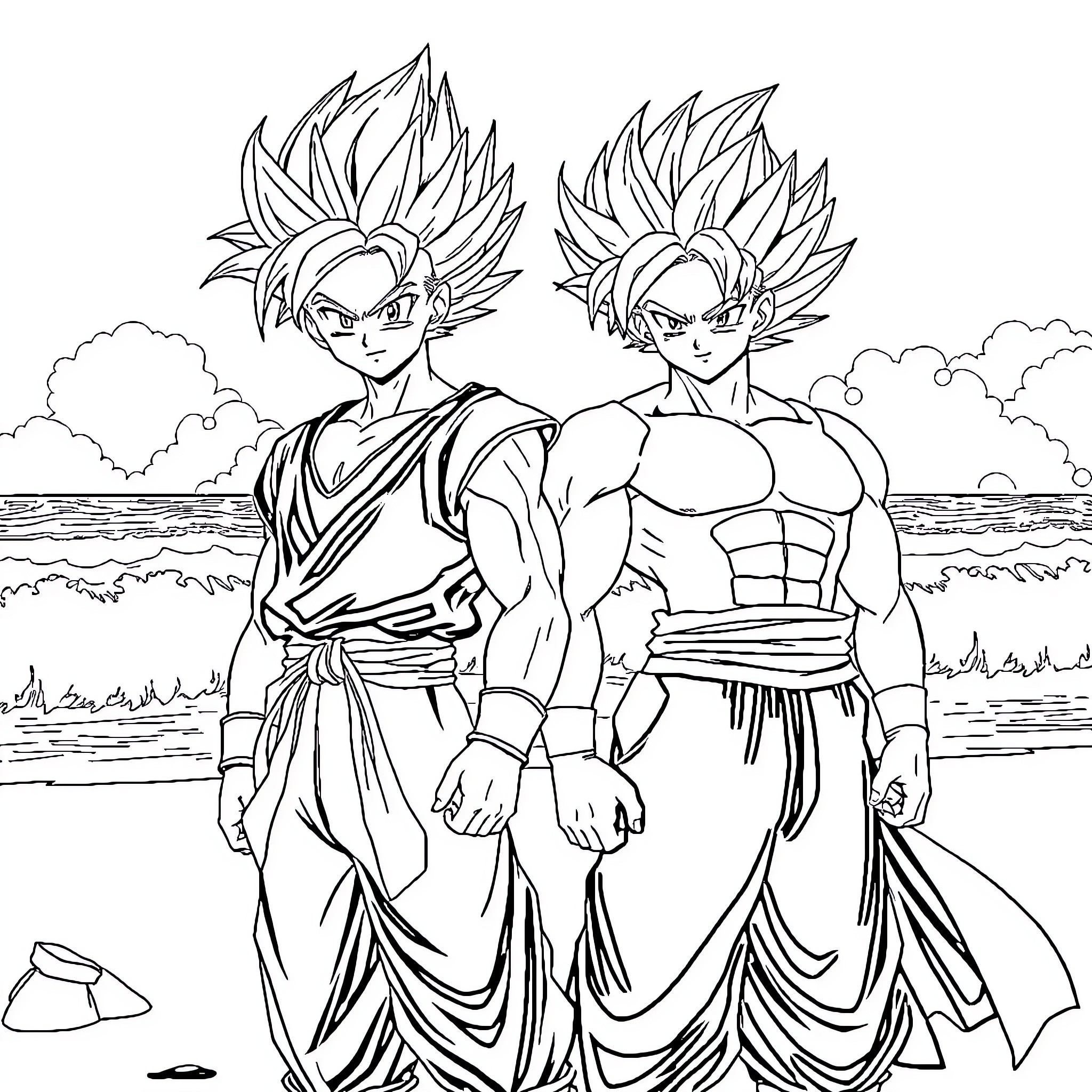 Trunks and Goku in intense battle by the sea Coloring Page (free black-and-white line drawing printable PDF for all, from beginners to advanced learners, including children, teens, adults, and seniors)