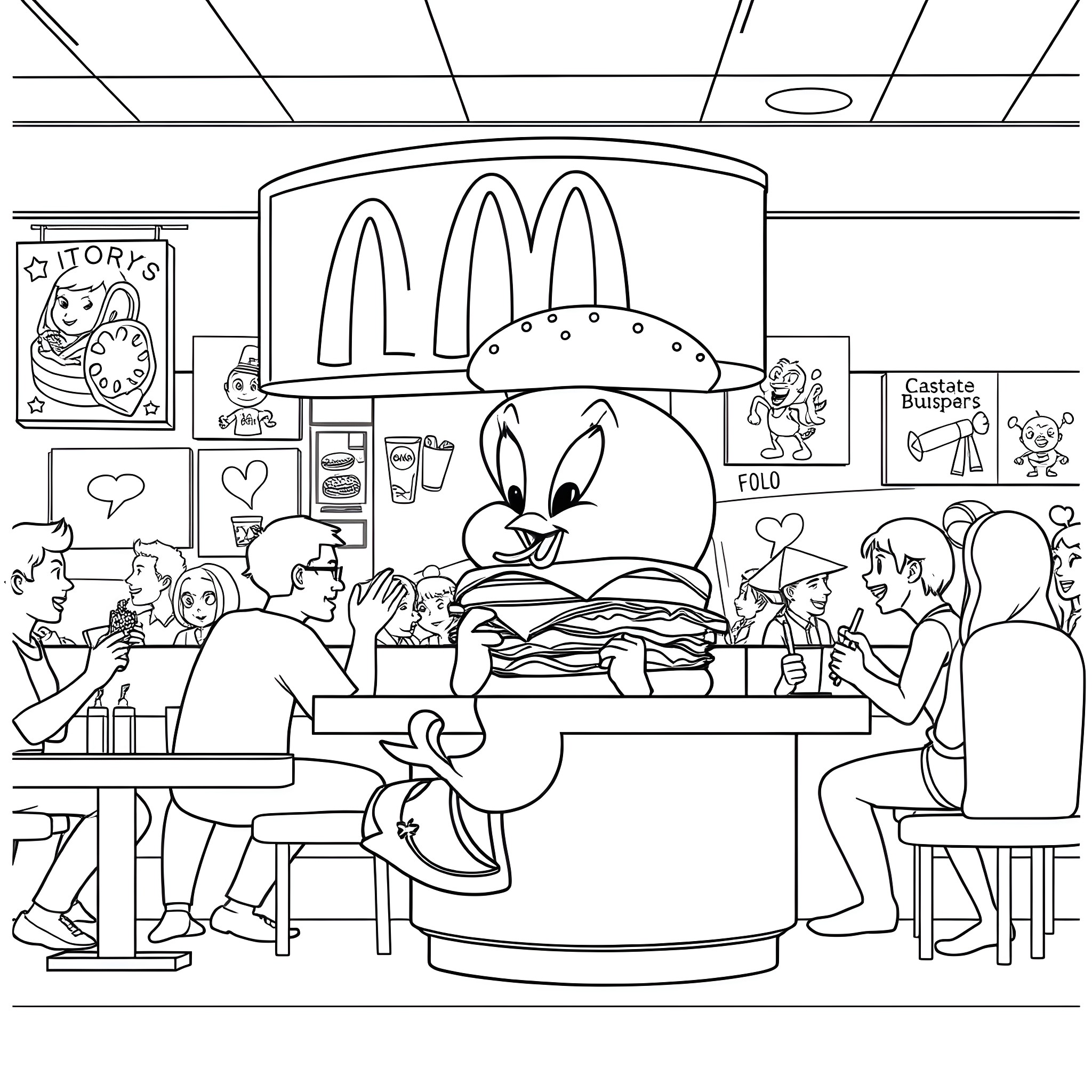 Tweety's Colorful McDonald's Adventure Coloring Page (free black-and-white line drawing printable PDF for all, from beginners to advanced learners, including children, teens, adults, and seniors)