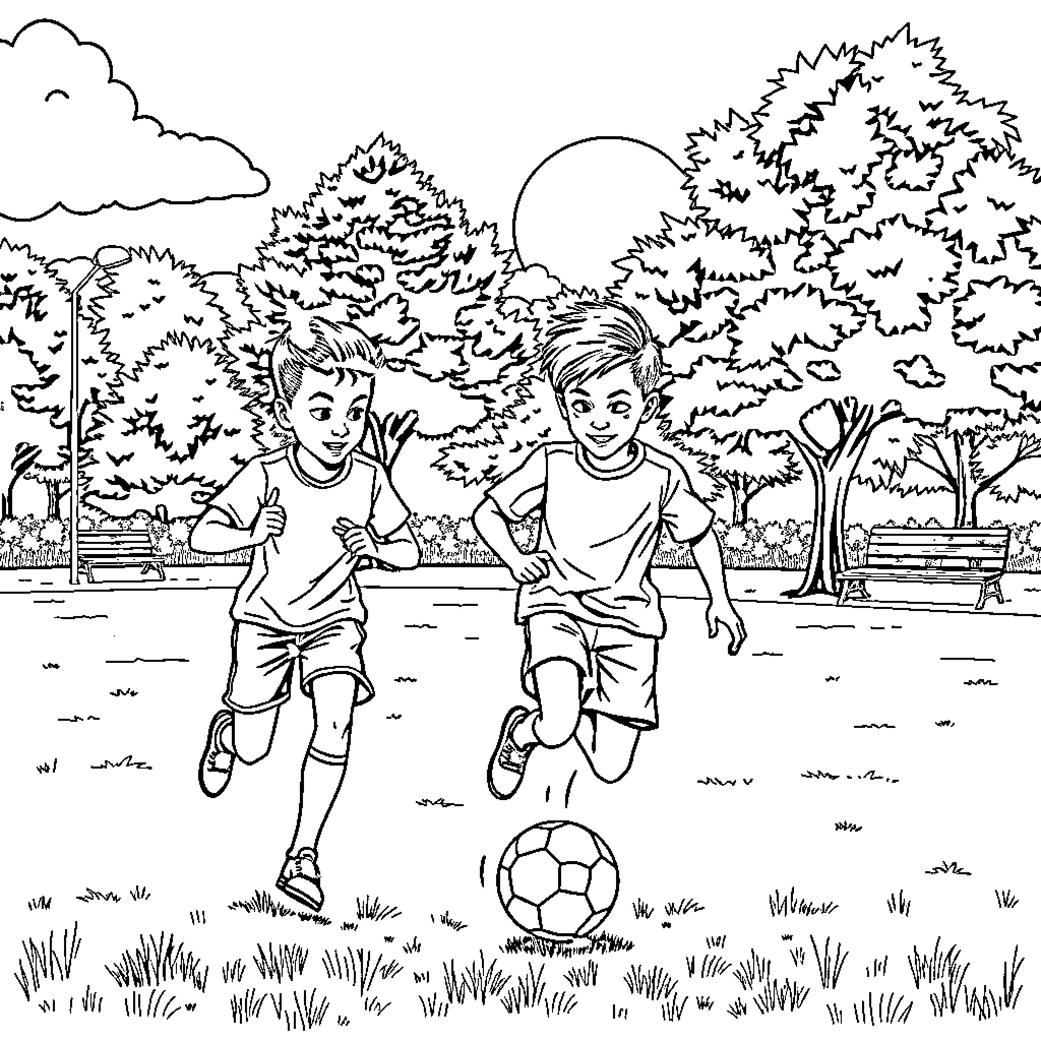 Saja Boy Enjoying Outdoor Soccer Game with Friend Coloring Page (free black-and-white line drawing printable PDF for all, from beginners to advanced learners, including children, teens, adults, and seniors)