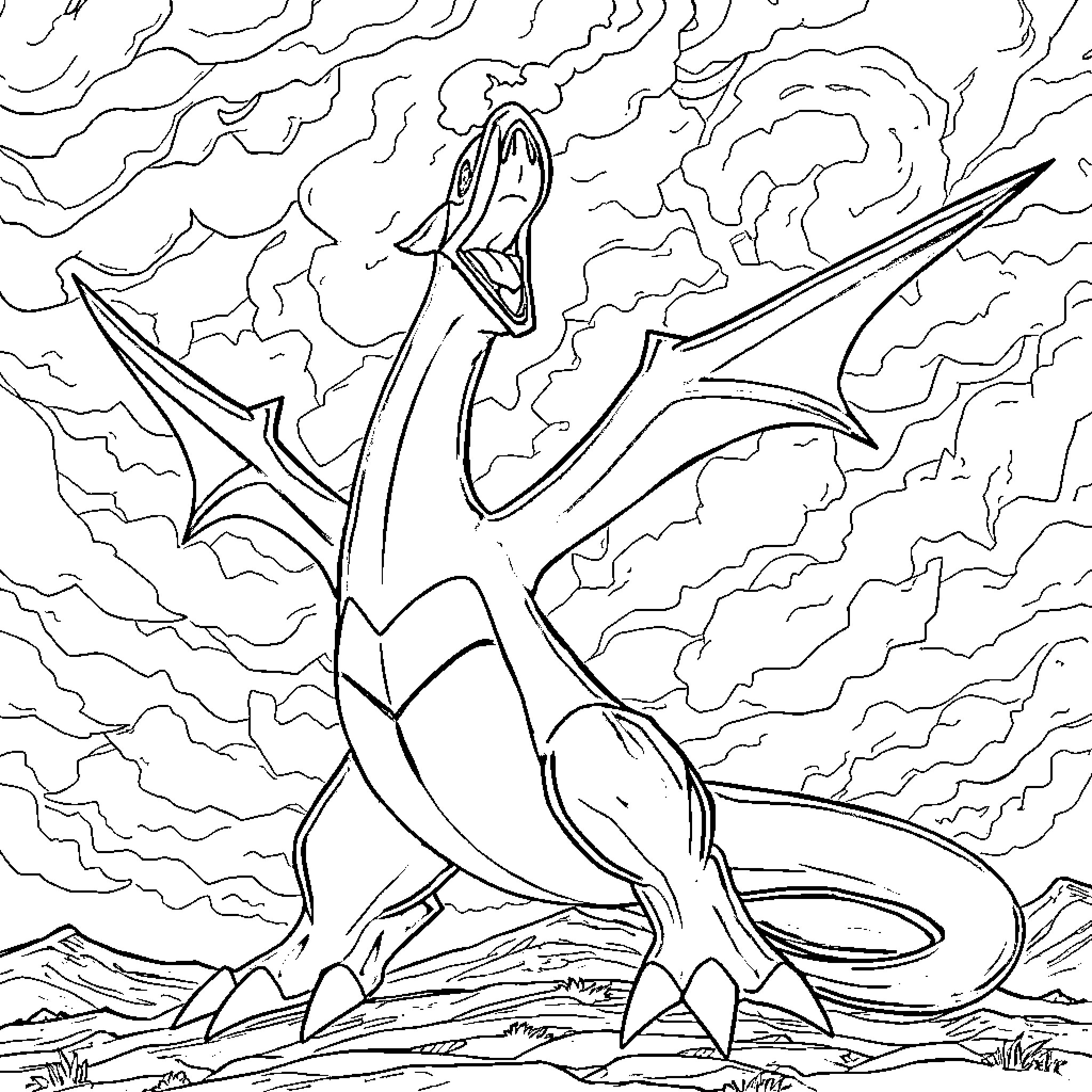 Rayquaza engaging in fierce battle Coloring Page (free black-and-white line drawing printable PDF for all, from beginners to advanced learners, including children, teens, adults, and seniors)