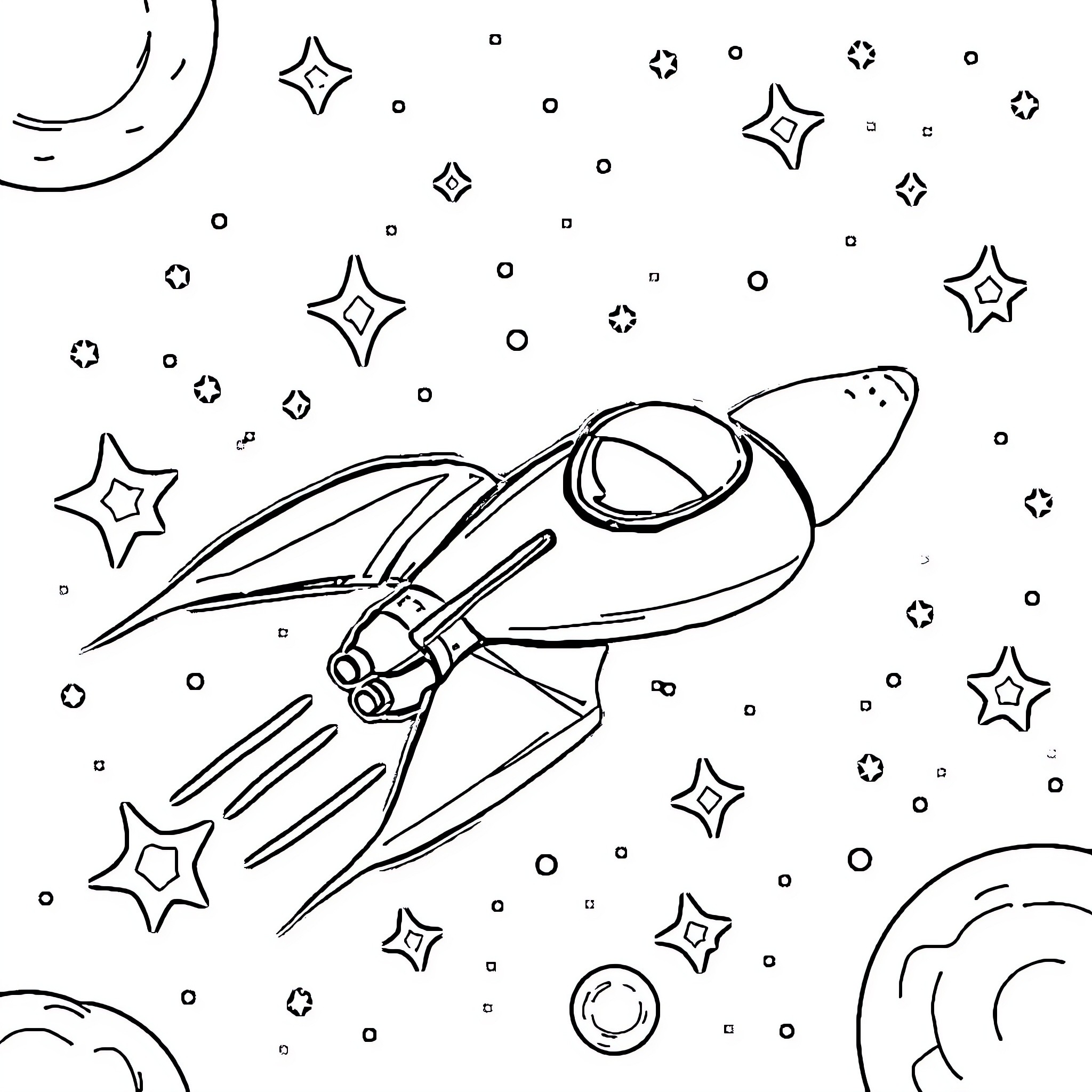 Spaceship Soaring Through Cosmic Wonders Coloring Page (free black-and-white line drawing printable PDF for all, from beginners to advanced learners, including children, teens, adults, and seniors)