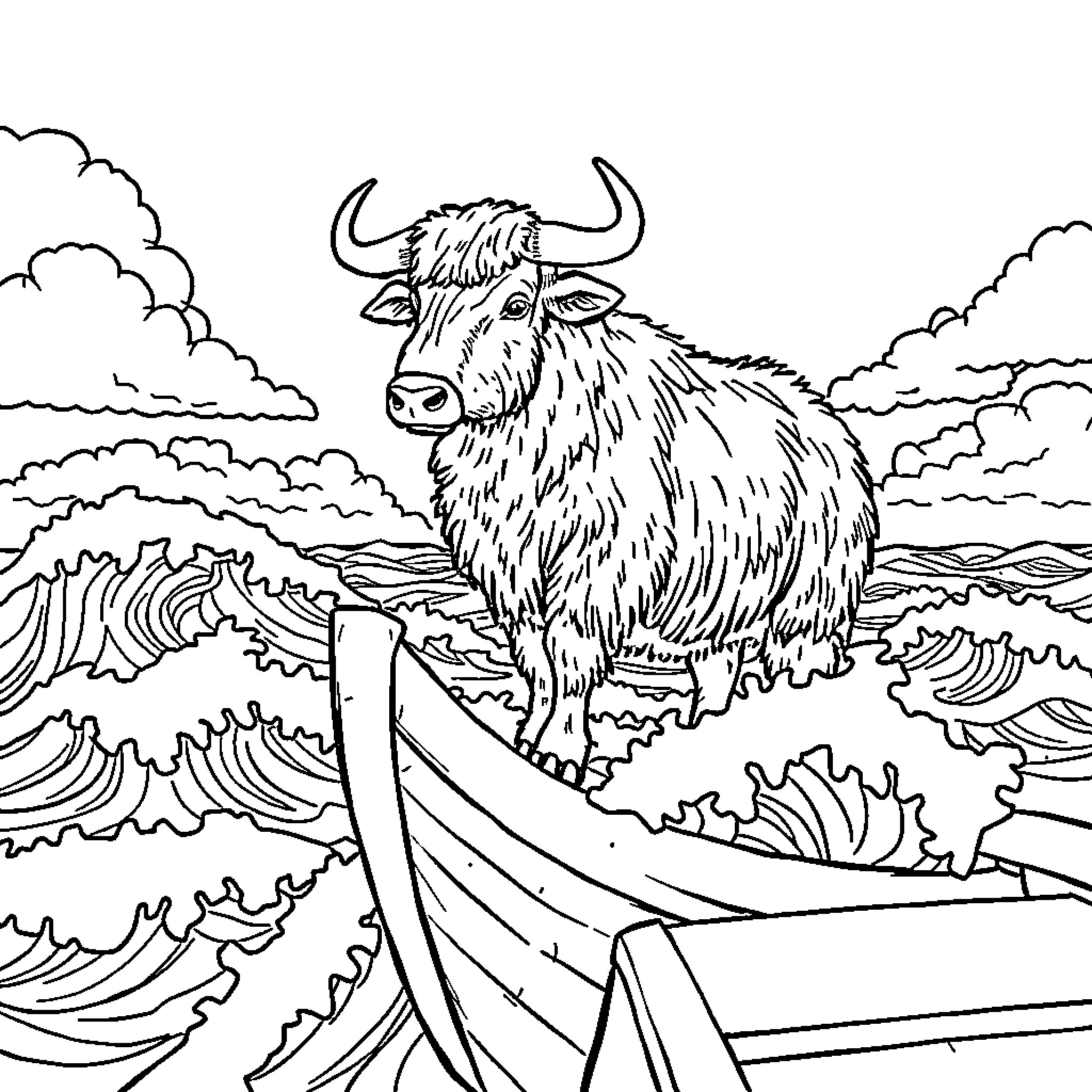 Sheep sailing on a boat amid stormy waves Coloring Page (free black-and-white line drawing printable PDF for all, from beginners to advanced learners, including children, teens, adults, and seniors)