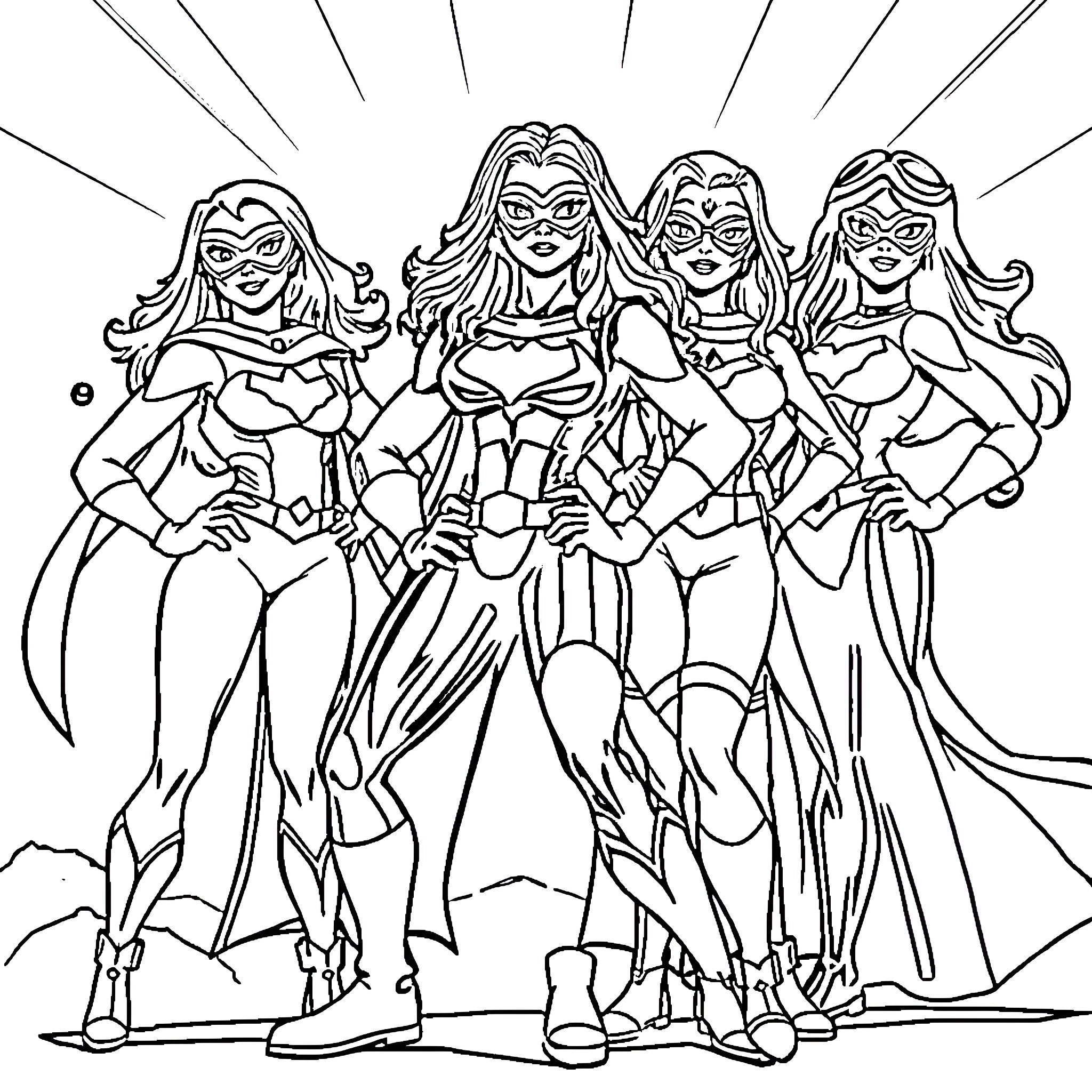 Melaleuca Superheroes in Action-Packed Poses Coloring Page (free black-and-white line drawing printable PDF for all, from beginners to advanced learners, including children, teens, adults, and seniors)