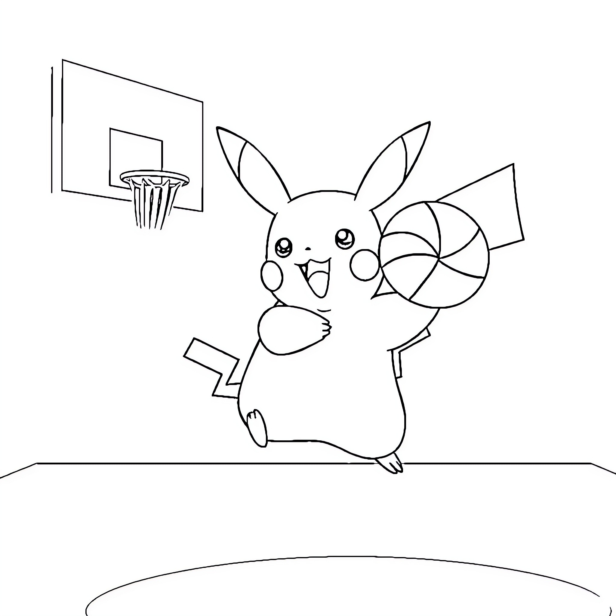 Pikachu playing basketball happily Coloring Page (free black-and-white line drawing printable PDF for all, from beginners to advanced learners, including children, teens, adults, and seniors)