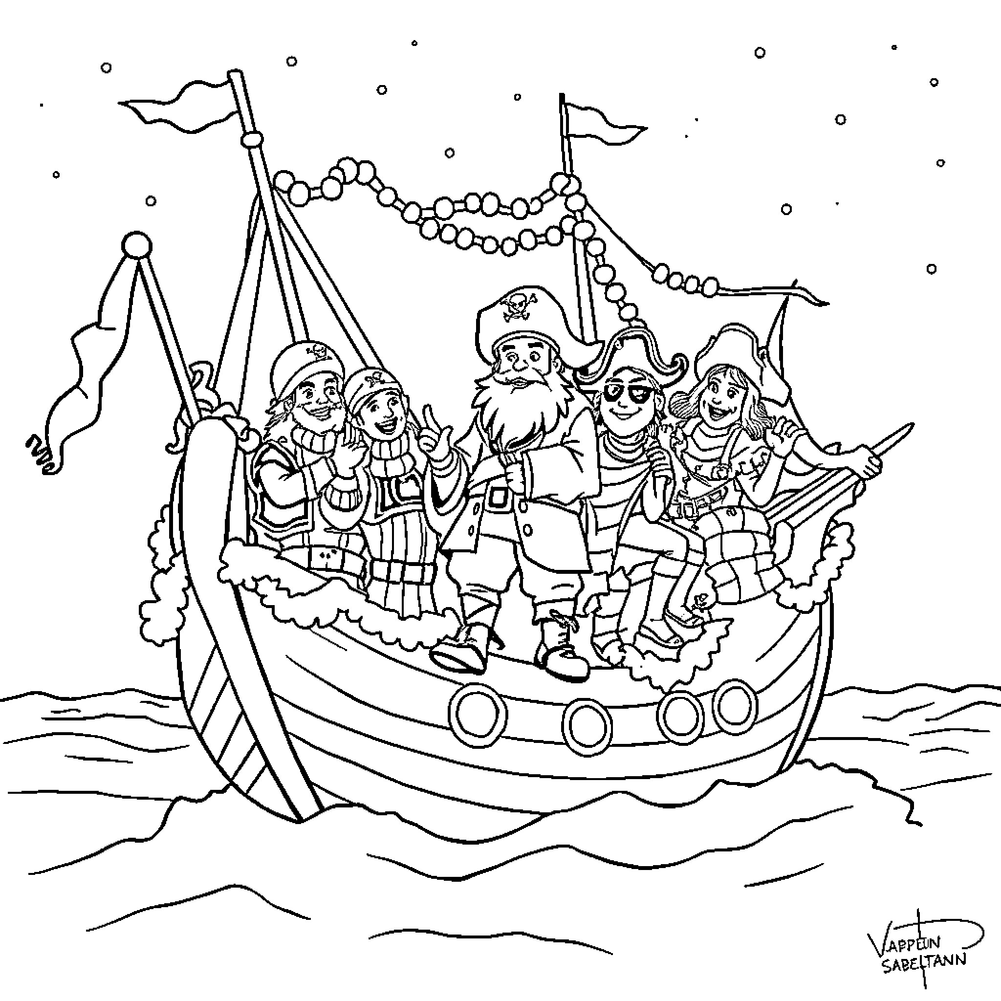 Kaptein Sabeltann and his pirate crew sailing the seas Coloring Page (free black-and-white line drawing printable PDF for all, from beginners to advanced learners, including children, teens, adults, and seniors)