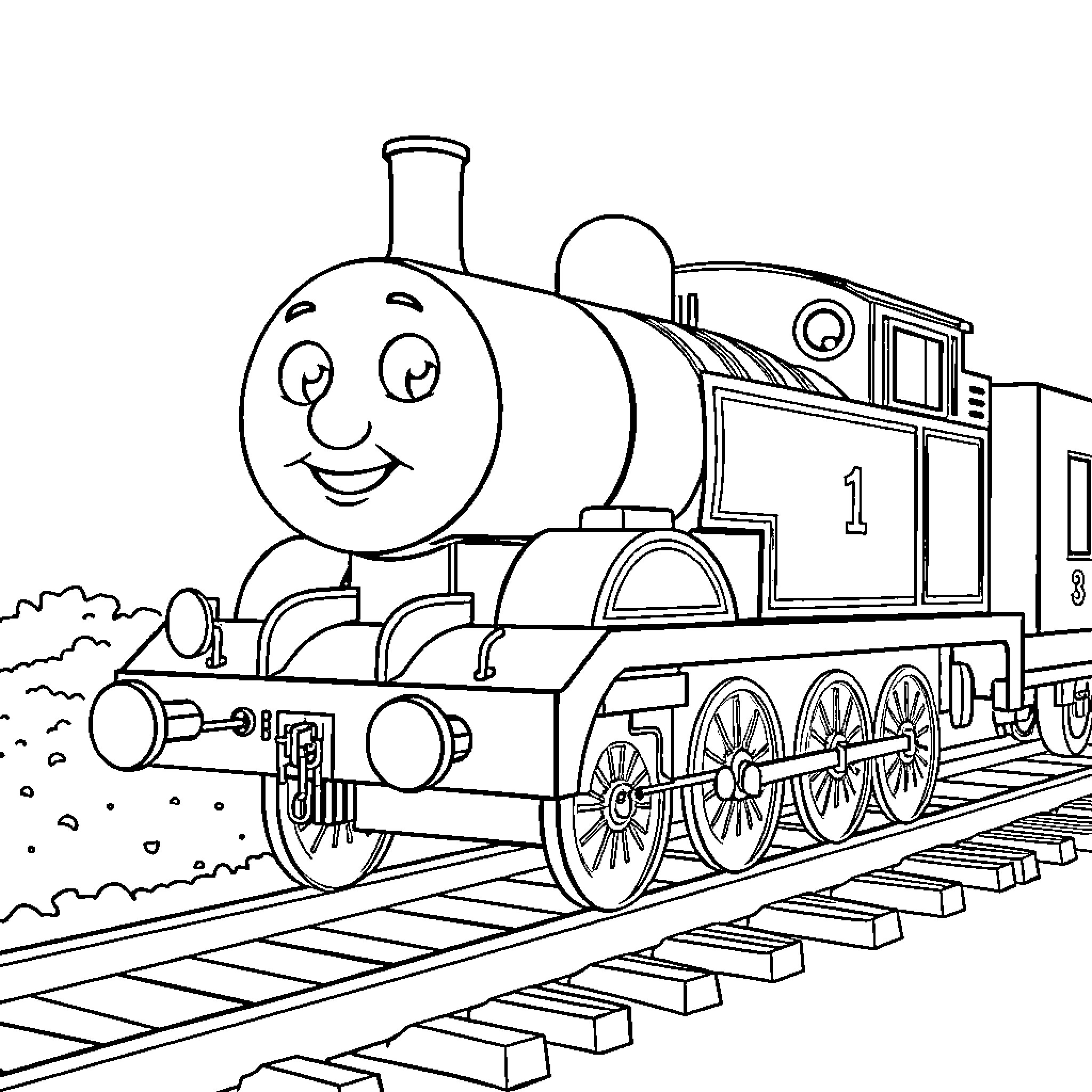 Thomas the Smiling Engine on Tracks Coloring Page (free black-and-white line drawing printable PDF for all, from beginners to advanced learners, including children, teens, adults, and seniors)