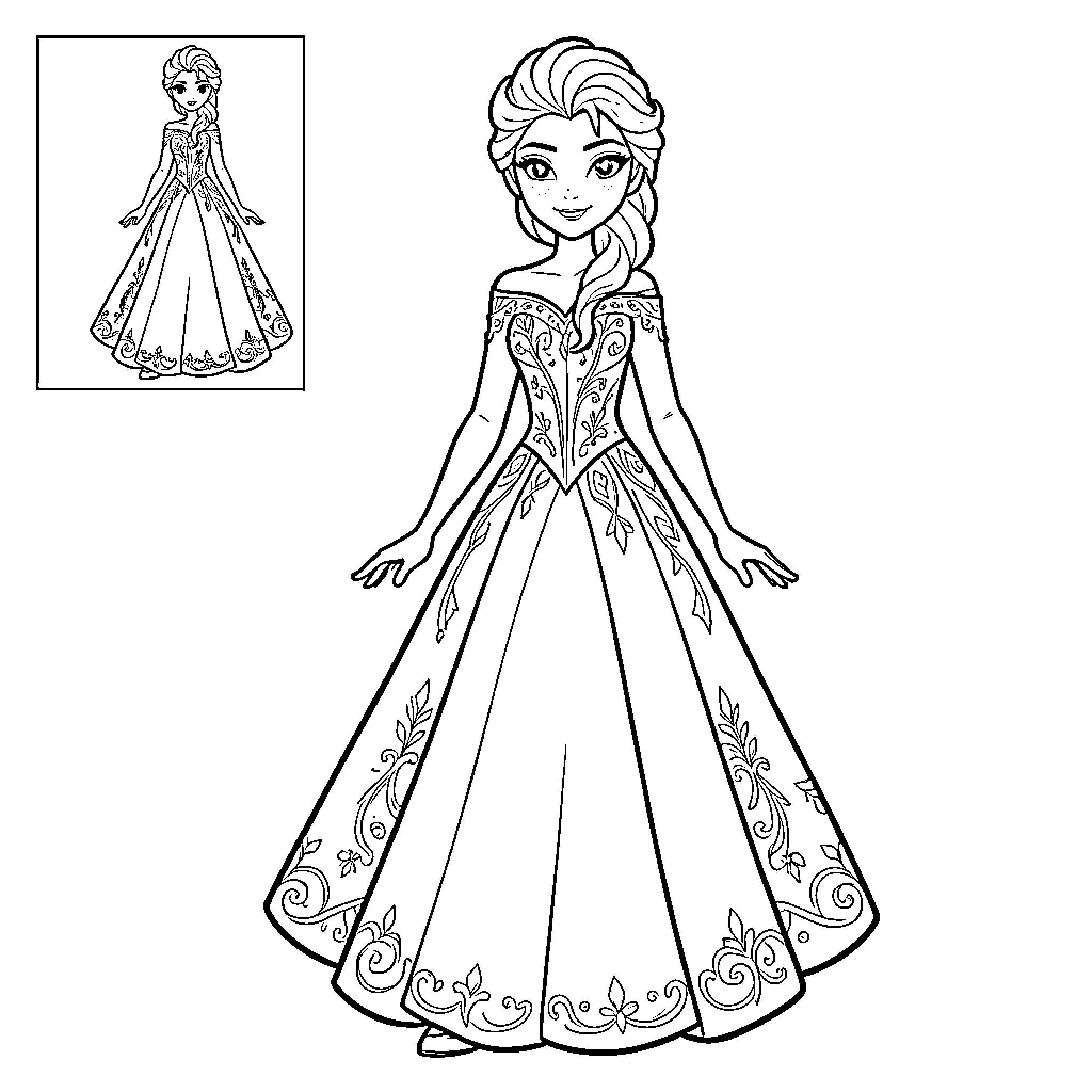 Elsa wearing a beautiful long gown and smiling Coloring Page (free black-and-white line drawing printable PDF for all, from beginners to advanced learners, including children, teens, adults, and seniors)
