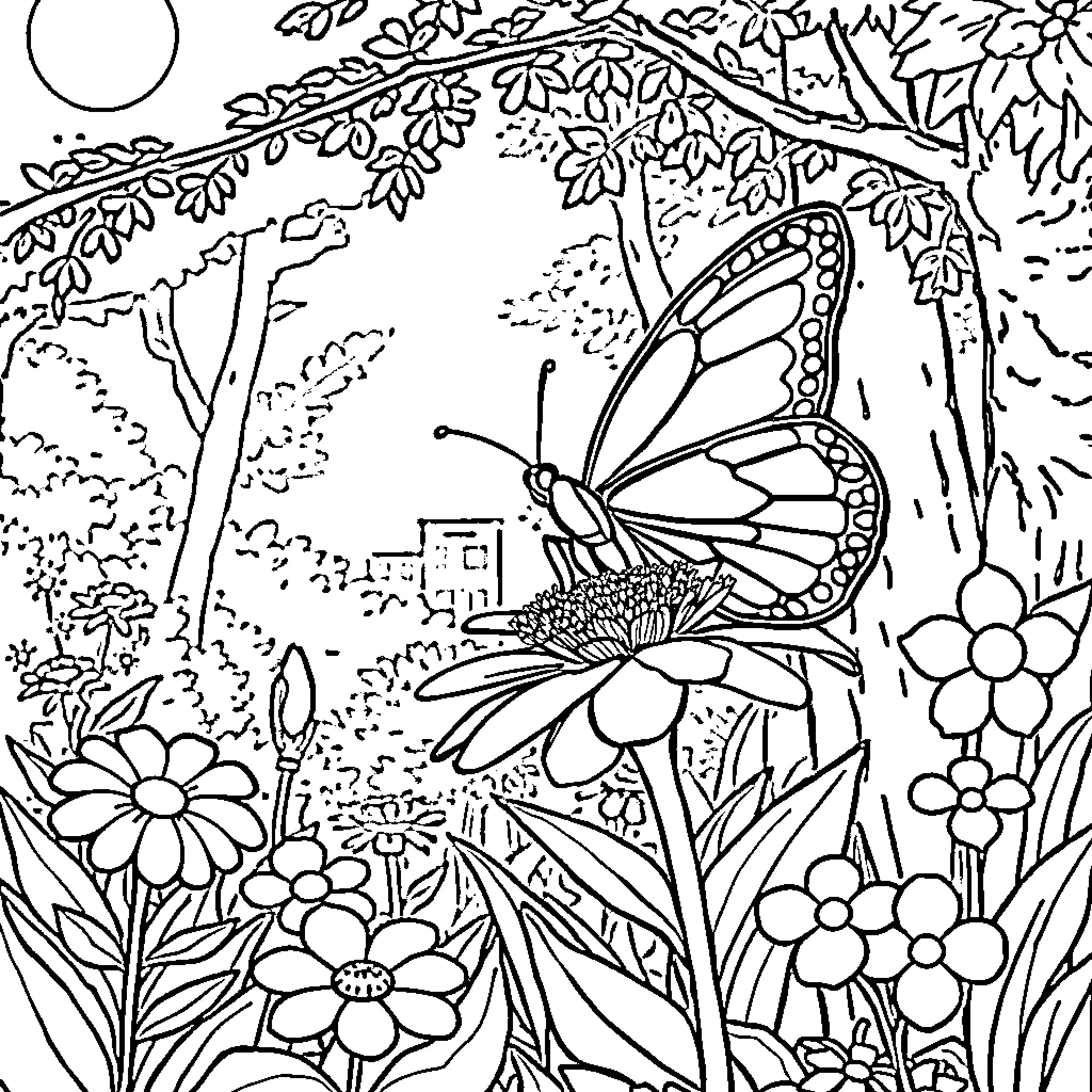 Butterfly resting on a flower in a garden Coloring Page (free black-and-white line drawing printable PDF for all, from beginners to advanced learners, including children, teens, adults, and seniors)