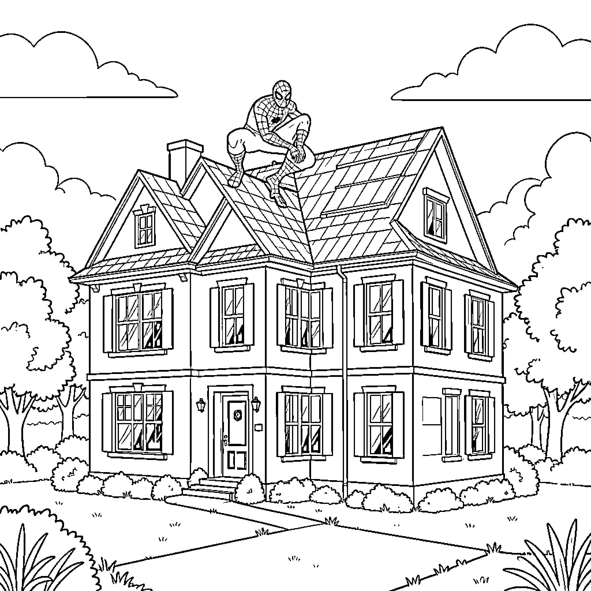 Spider-Man crouching on the roof of a house Coloring Page (free black-and-white line drawing printable PDF for all, from beginners to advanced learners, including children, teens, adults, and seniors)