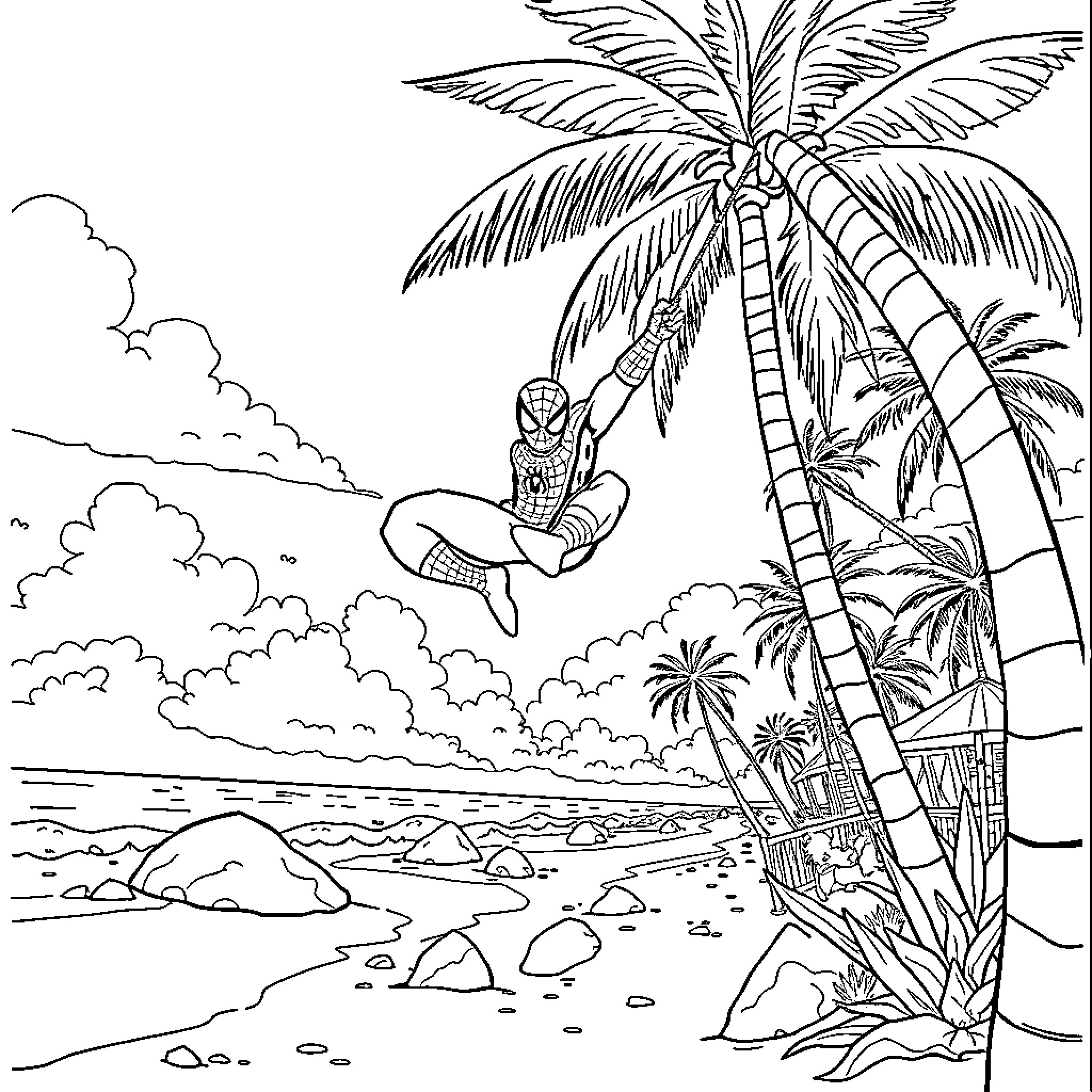 Spiderman swings through tropical island paradise Coloring Page (free black-and-white line drawing printable PDF for all, from beginners to advanced learners, including children, teens, adults, and seniors)