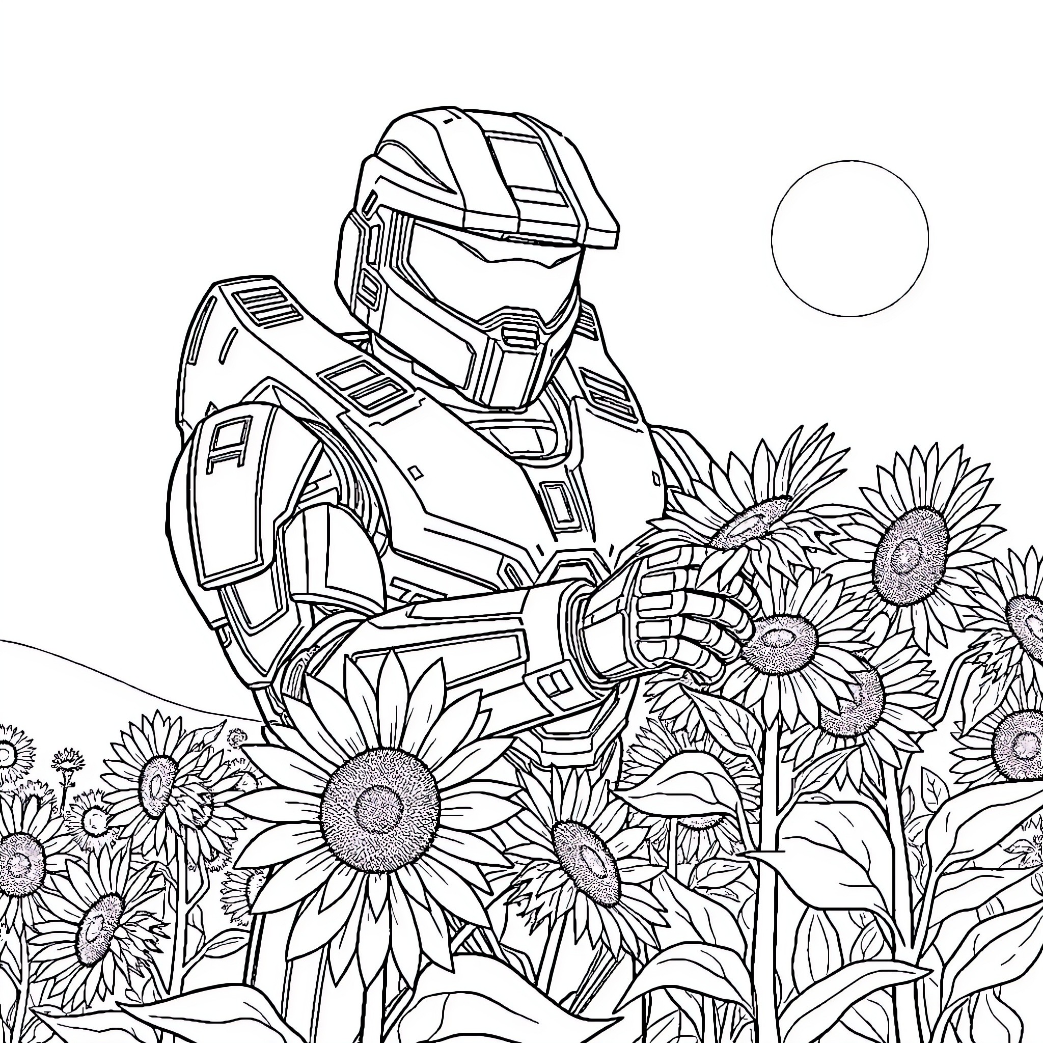 Halo Master Chief in sunflower field Coloring Page (free black-and-white line drawing printable PDF for all, from beginners to advanced learners, including children, teens, adults, and seniors)