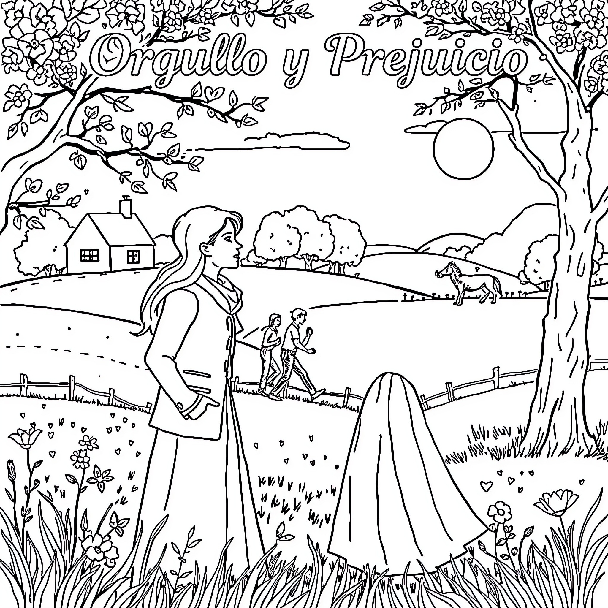 Pride and Prejudice: A Picturesque Countryside Scene Coloring Page (free black-and-white line drawing printable PDF for all, from beginners to advanced learners, including children, teens, adults, and seniors)