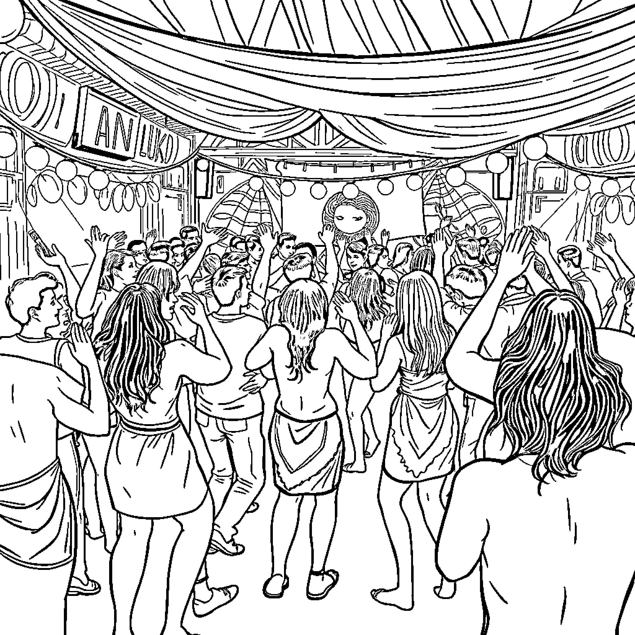 Brain crowd celebrating in festive attire Coloring Page (free black-and-white line drawing printable PDF for all, from beginners to advanced learners, including children, teens, adults, and seniors)