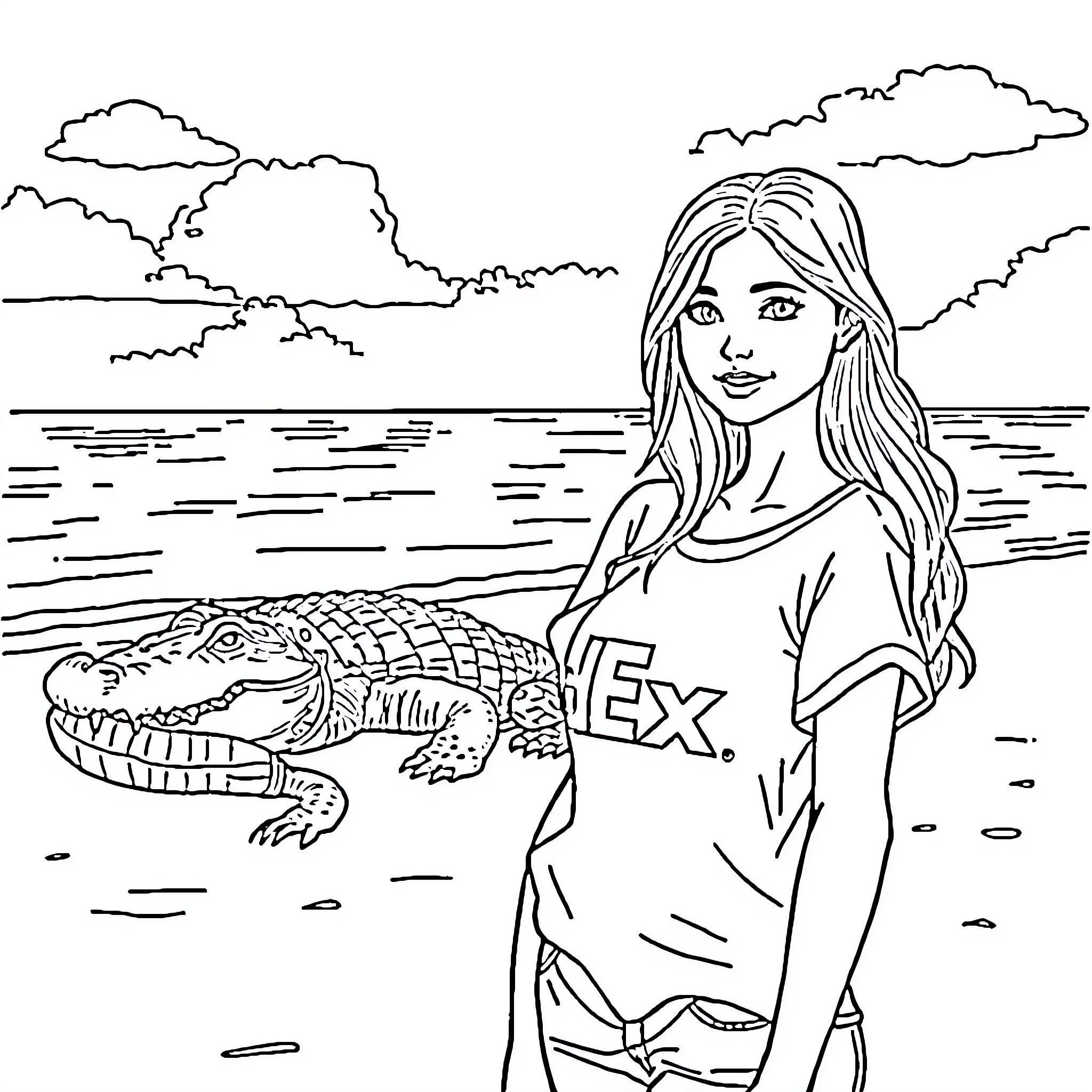 Girl poses confidently with an alligator by the lake Coloring Page (free black-and-white line drawing printable PDF for all, from beginners to advanced learners, including children, teens, adults, and seniors)