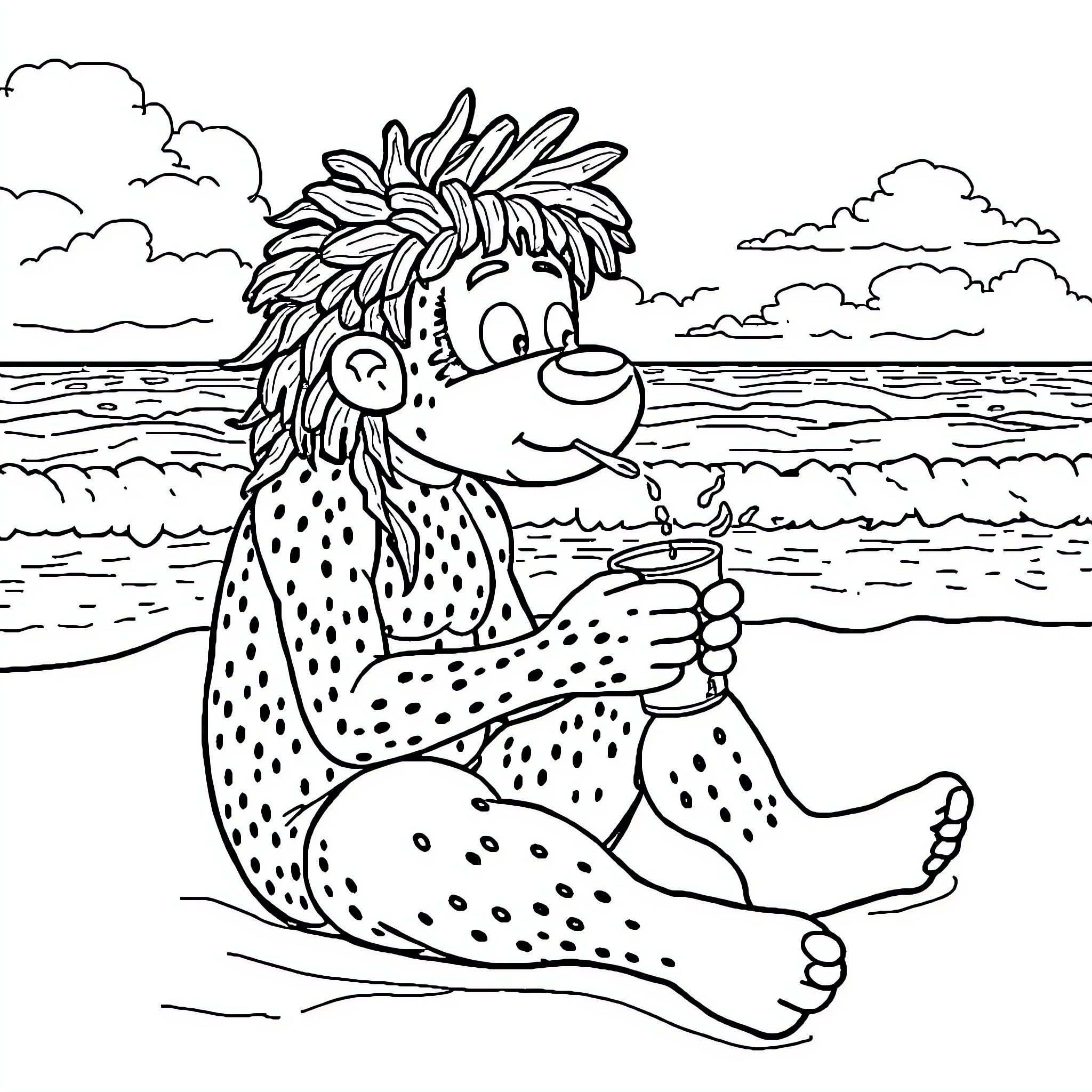 Labubu's Relaxing Beach Day Coloring Page (free black-and-white line drawing printable PDF for all, from beginners to advanced learners, including children, teens, adults, and seniors)
