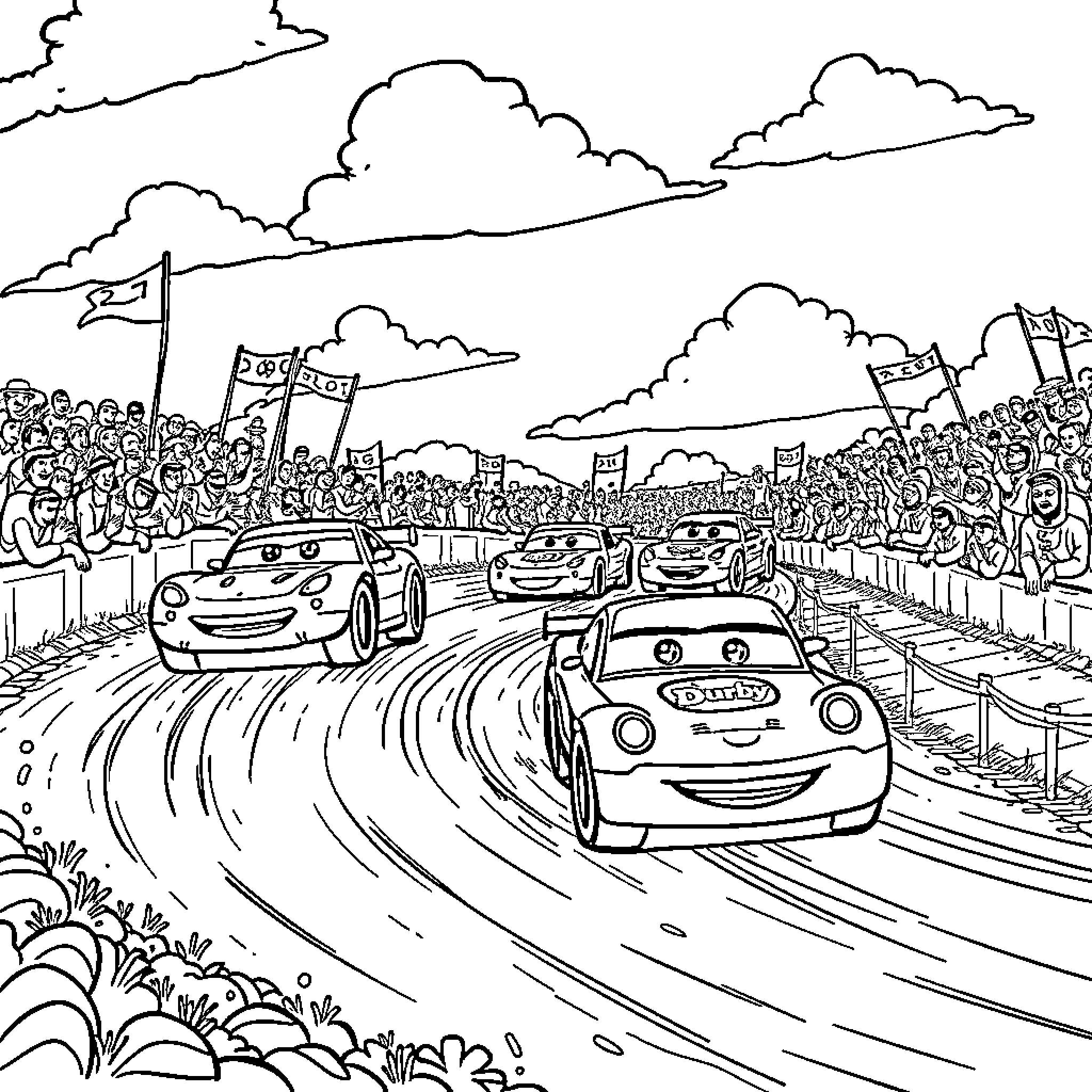 Derby Car Race with Cheering Crowd Coloring Page (free black-and-white line drawing printable PDF for all, from beginners to advanced learners, including children, teens, adults, and seniors)